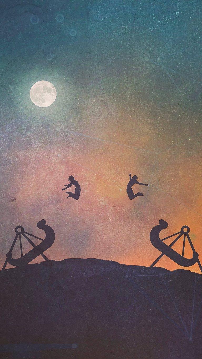 768x1365 Jumping Couples Moon Light Night iPhone FHD Wallpaper