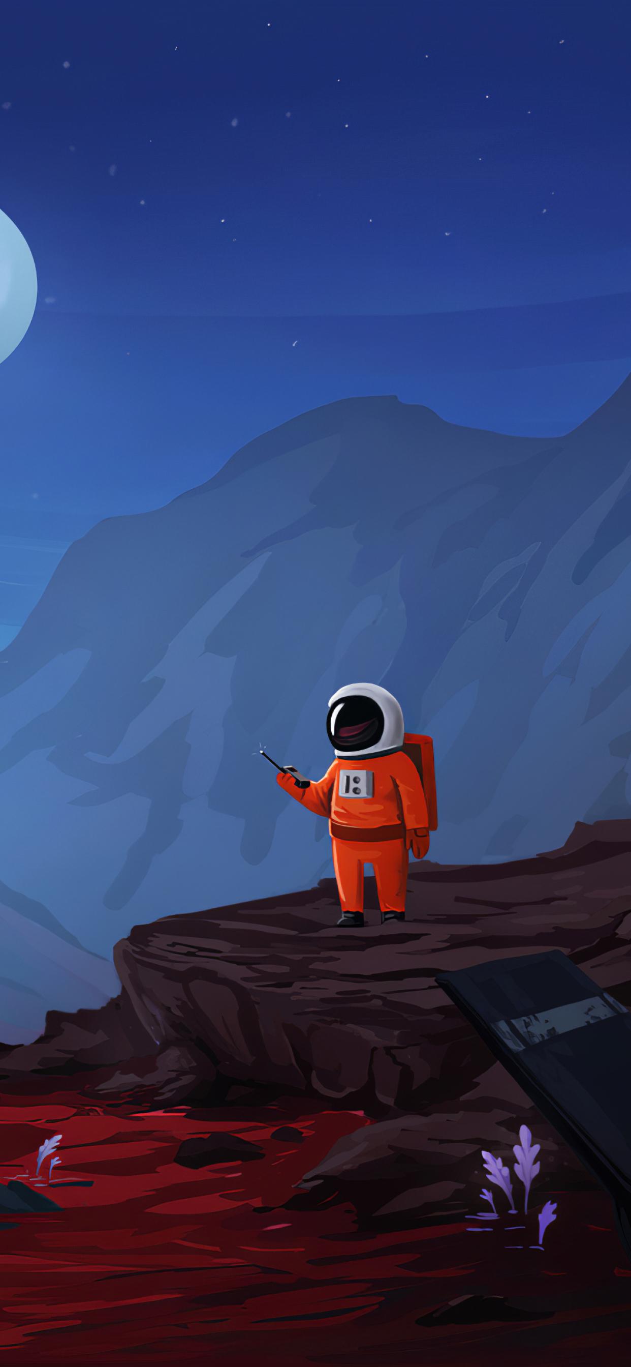 1242x2688 astronaut wallpaper, cartoon, astronaut, sky, illustration, animation, fictional character, animated cartoon, space, geological phenomenon, adventure game