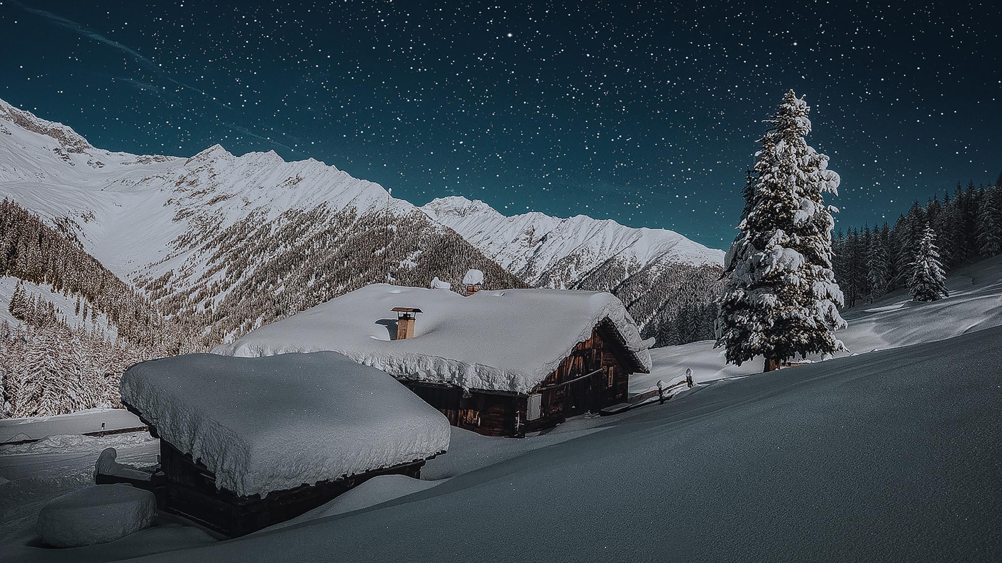 2048x1152 Download Winter, snow layer, house, landscape wallpaper, 2048x Dual Wide, Widescreen