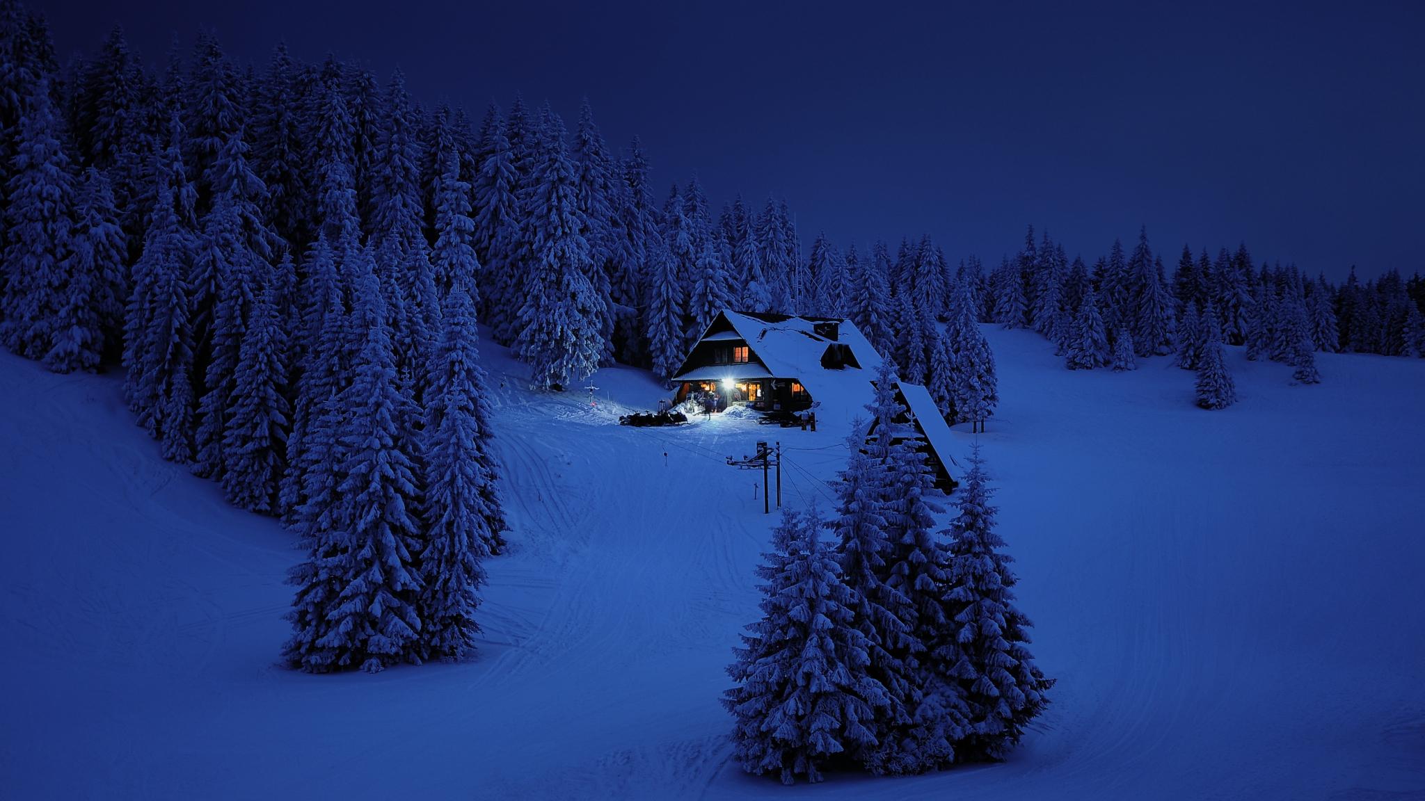 2048x1152 Download 2048x1152 wallpaper house, night, winter, trees, snow layer, nature, dual wide, widescreen, 2048x1152 HD image, background, 7241
