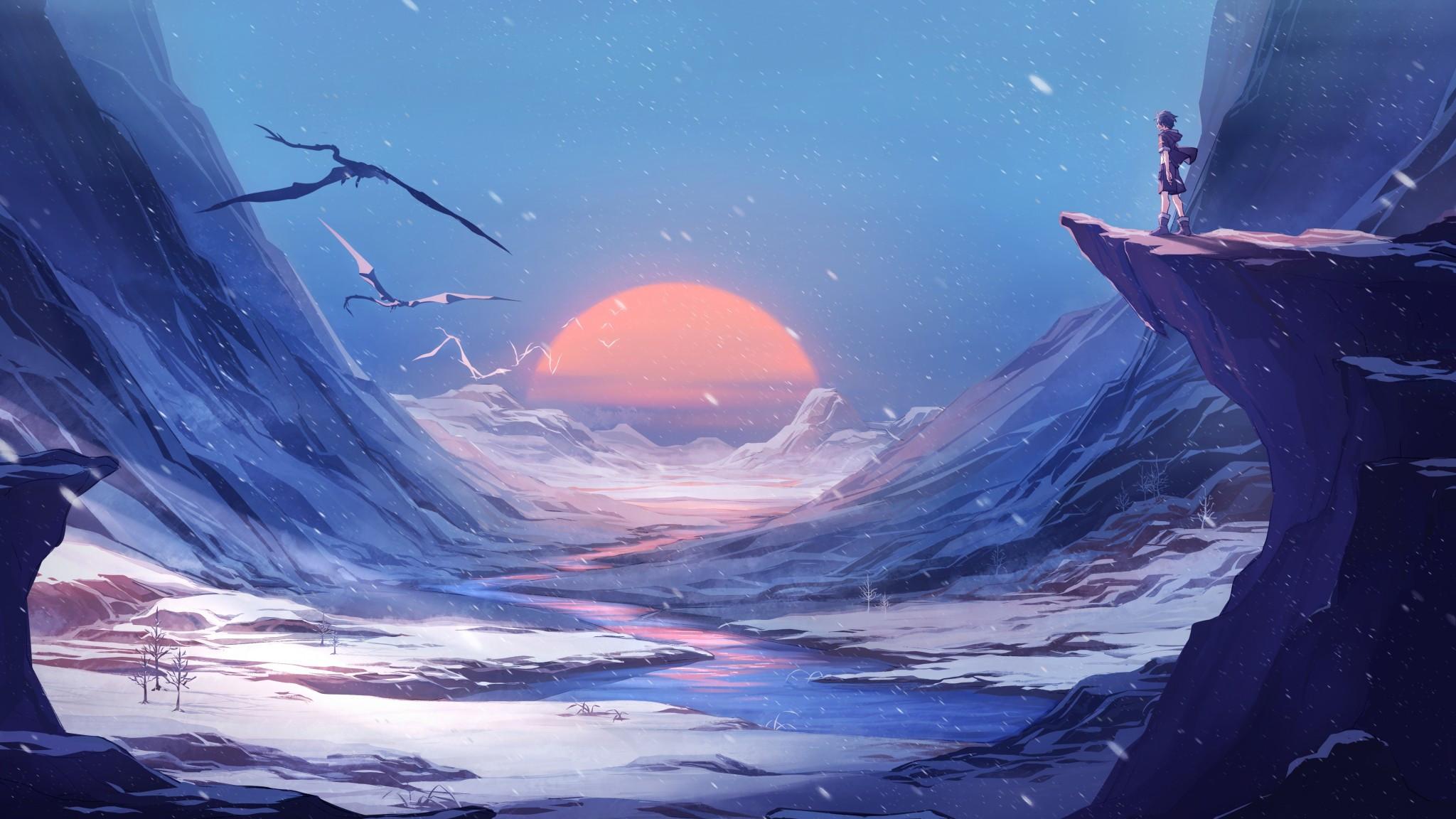 2048x1152 Download 2048x1152 Anime Boy, Fantasy World, Landscape, Scenic, Cliff, Snow, Winter Wallpaper