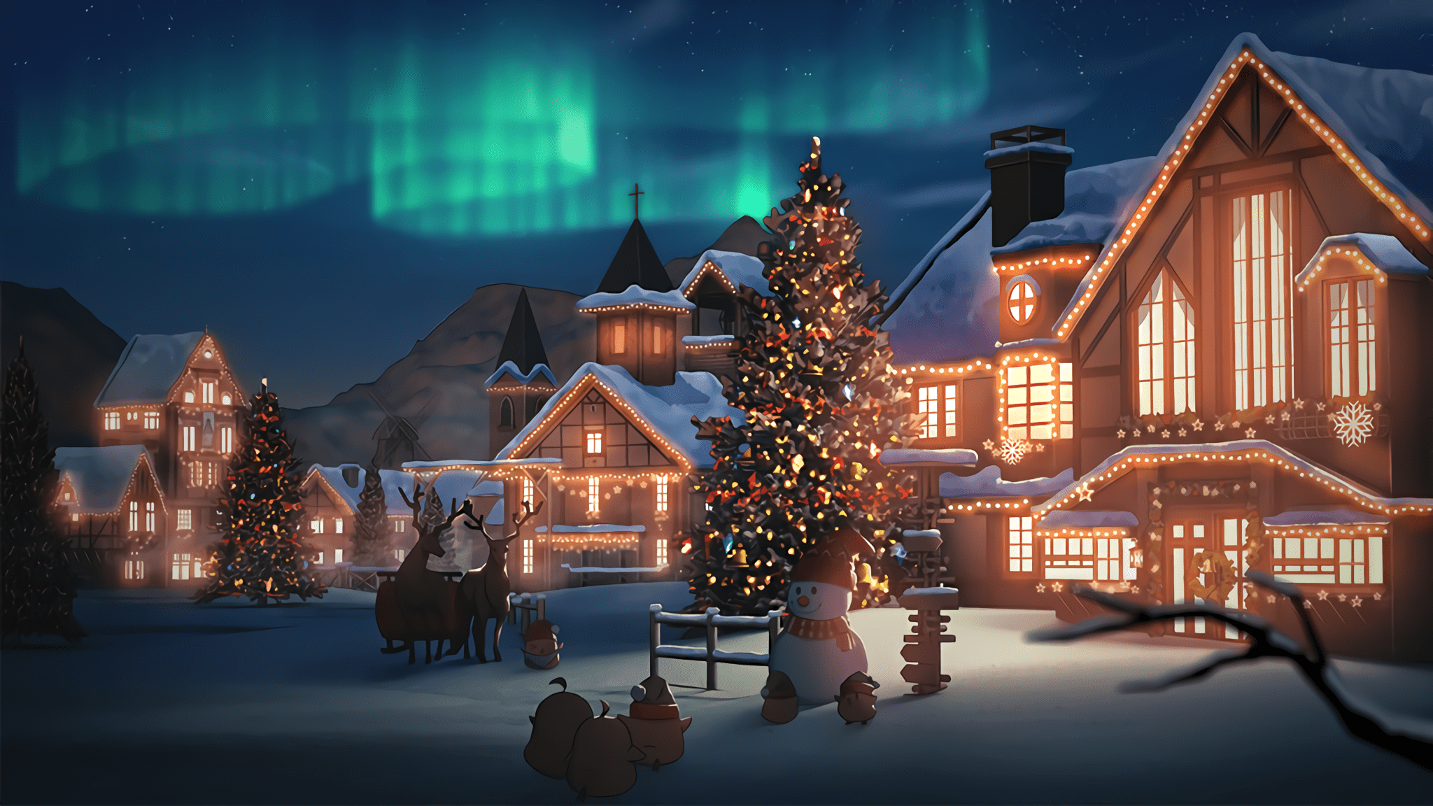 2048x1152 Aurora Borealis House Snow Snowman Winter Wallpaper:2048x1152