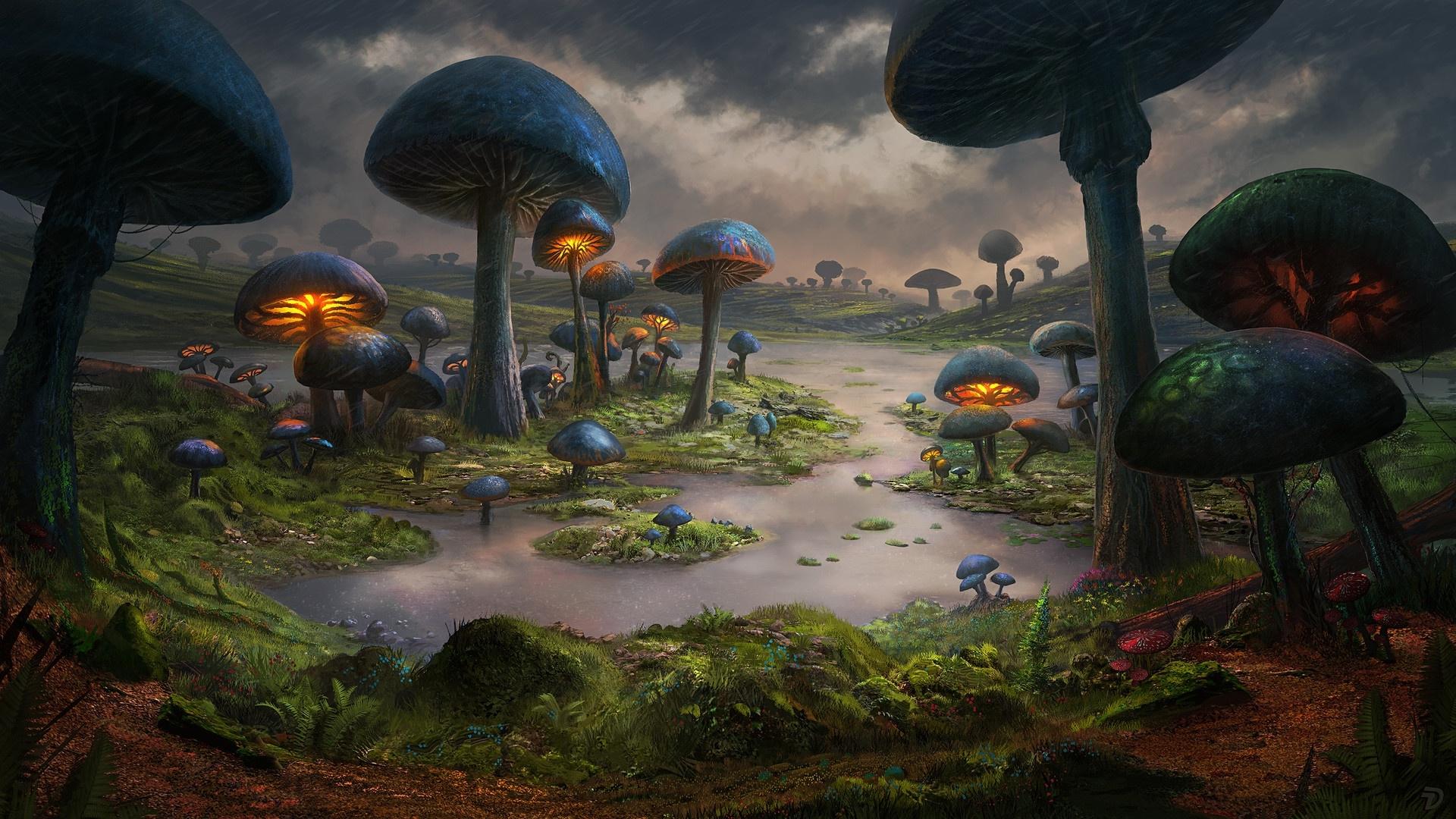 1920x1080 dominique van velsen, world, art, fantasy, luminos, mushroom, blue