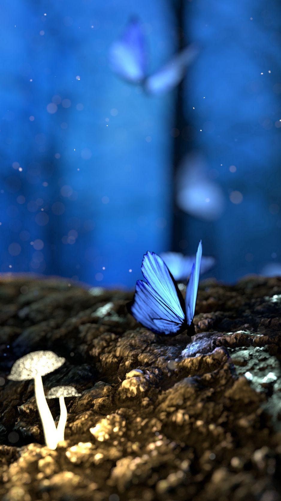 938x1668 Download Wallpaper 938x1668 Butterflies, Mushrooms, Forest, Fantasy, Blue Iphone 8 7 6s 6 For Parallax HD Background