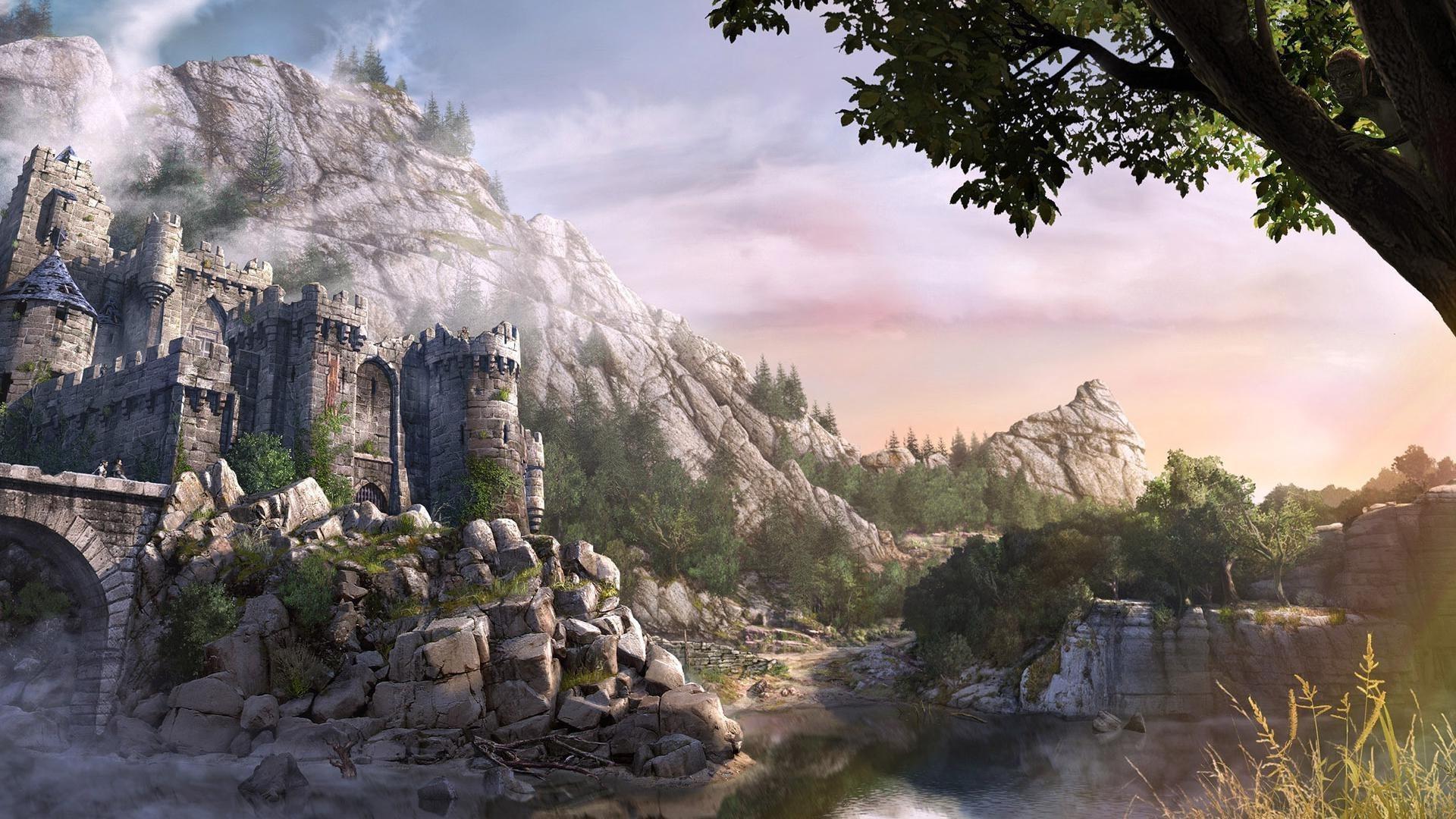 1920x1080 The ancient castle at the foot of the cliffs wallpaper (phone background)