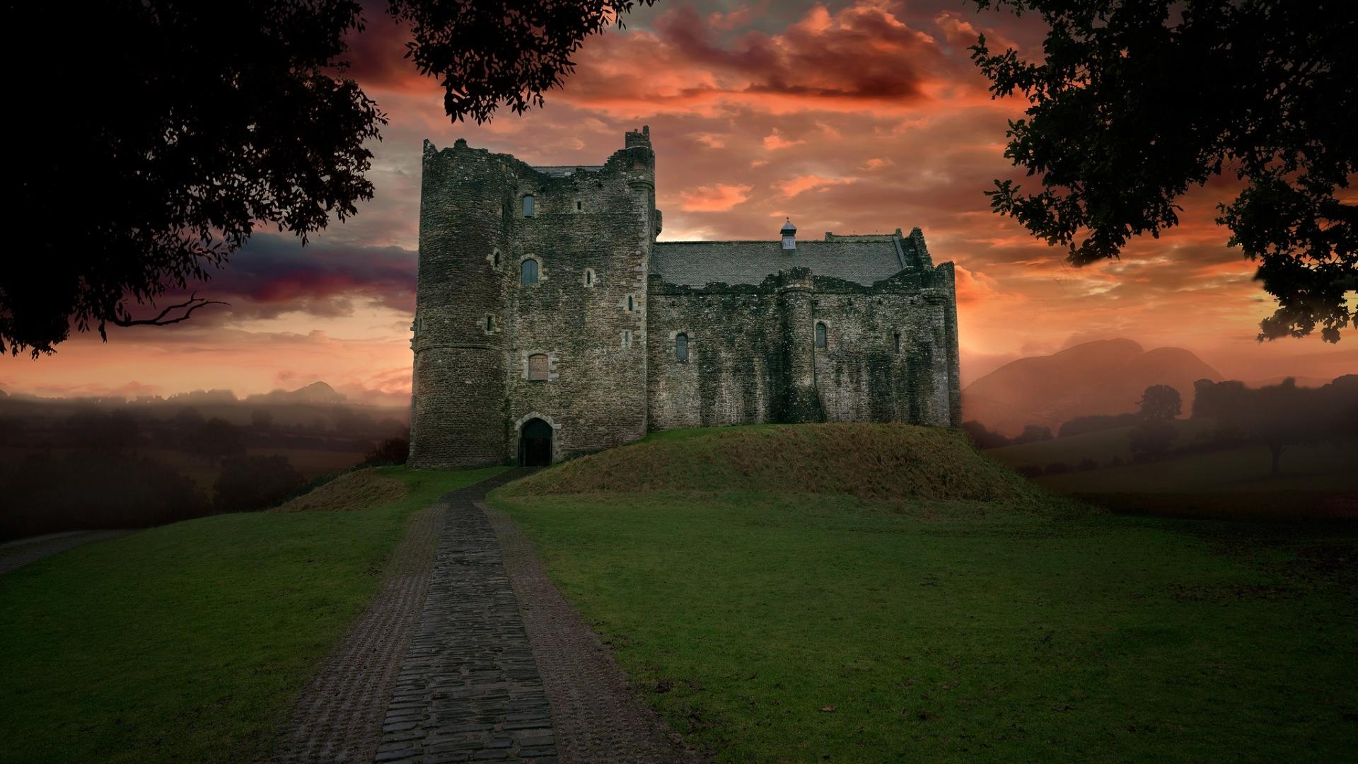 1920x1080 old, castle, hill, sunset, building