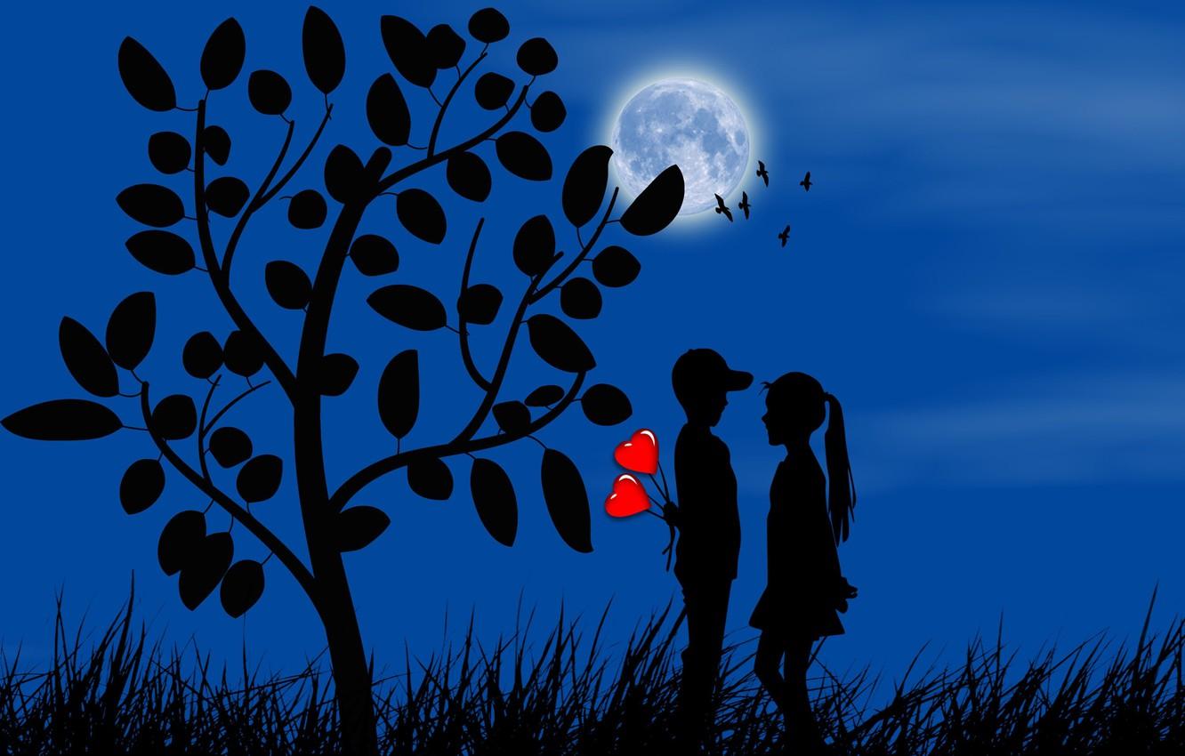 1332x850 Wallpaper the moon, romance, boy, girl, hearts, silhouettes, date, first love image for desktop, section разное