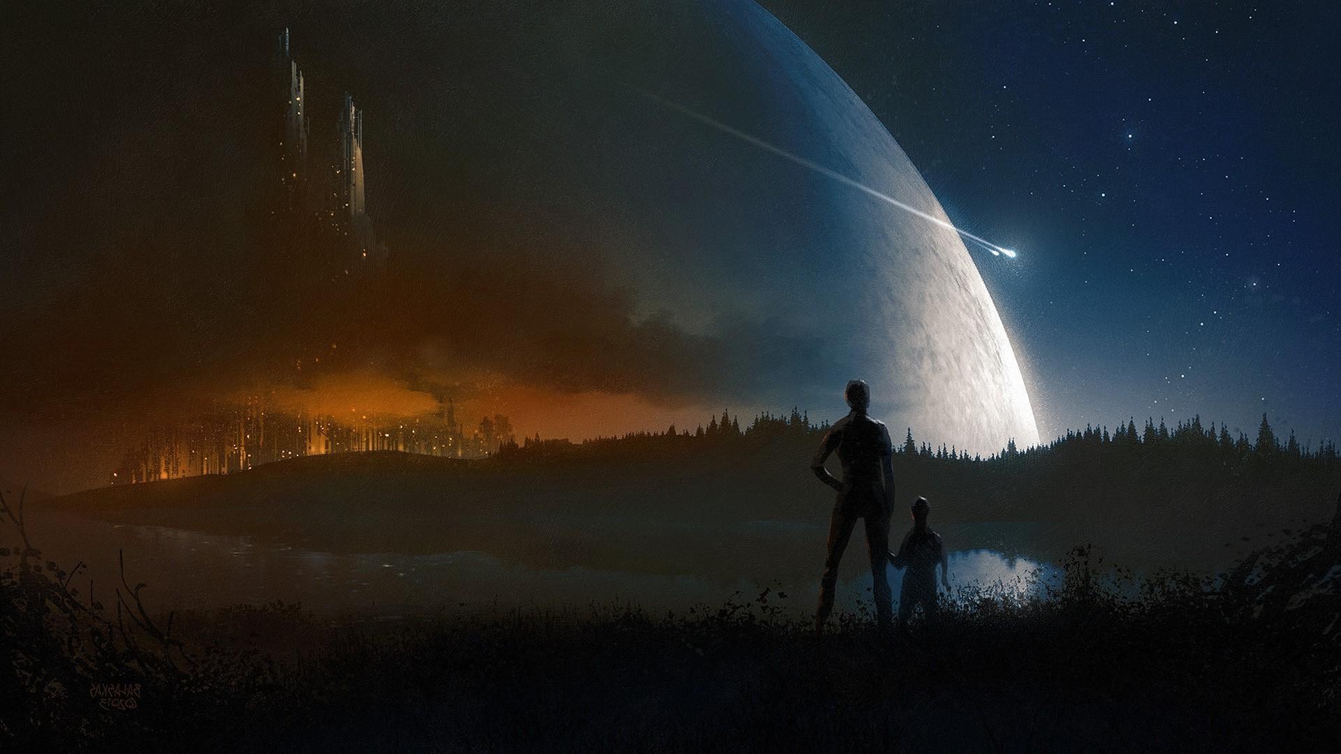 1920x1080 planet city science fiction landscape space art HD wallpaper, Background