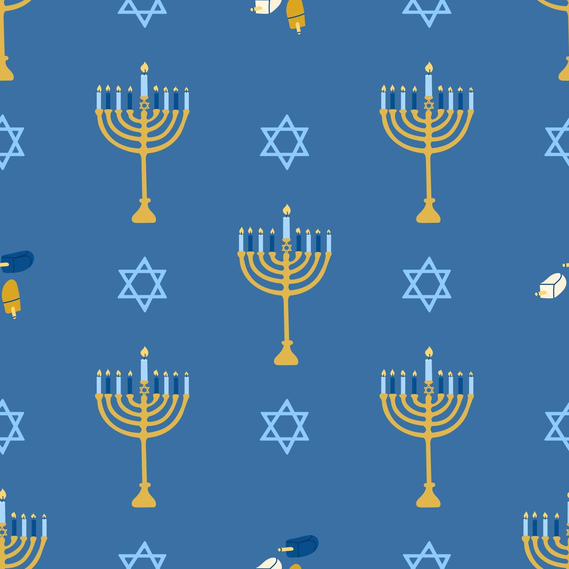 1920x1920 Happy Hanukkah, the Jewish festival of lights. Menorah candle holder with lighted candles. Vector seamless pattern on a blue background, Wallpaper