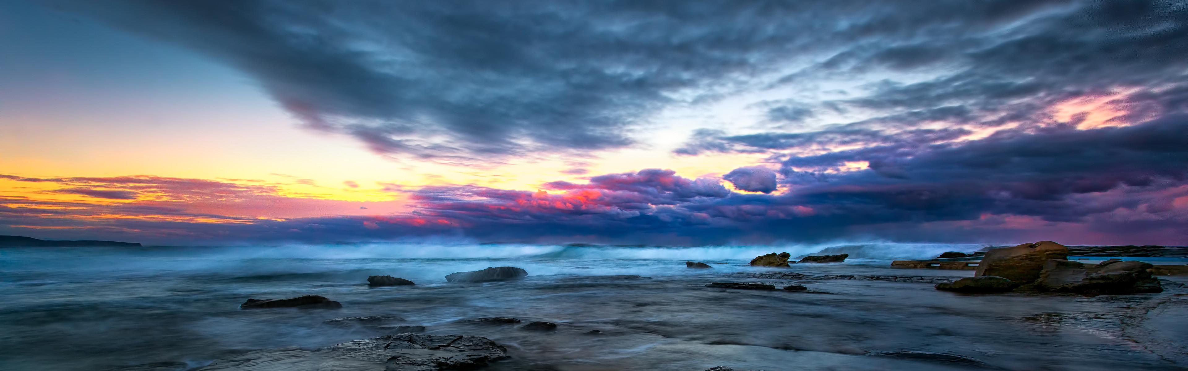 3840x1200 wallpaper, sky, body of water, nature, sea, horizon
