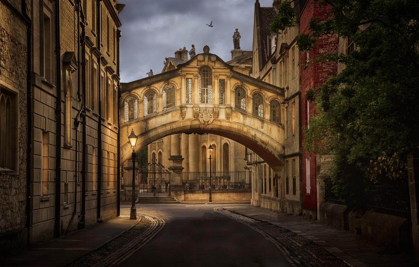 1332x850 Wallpaper England, building, lights, UK, lane, architecture, Oxford, the bridge of sighs, Bridge of Sighs, Hertford College image for desktop, section город
