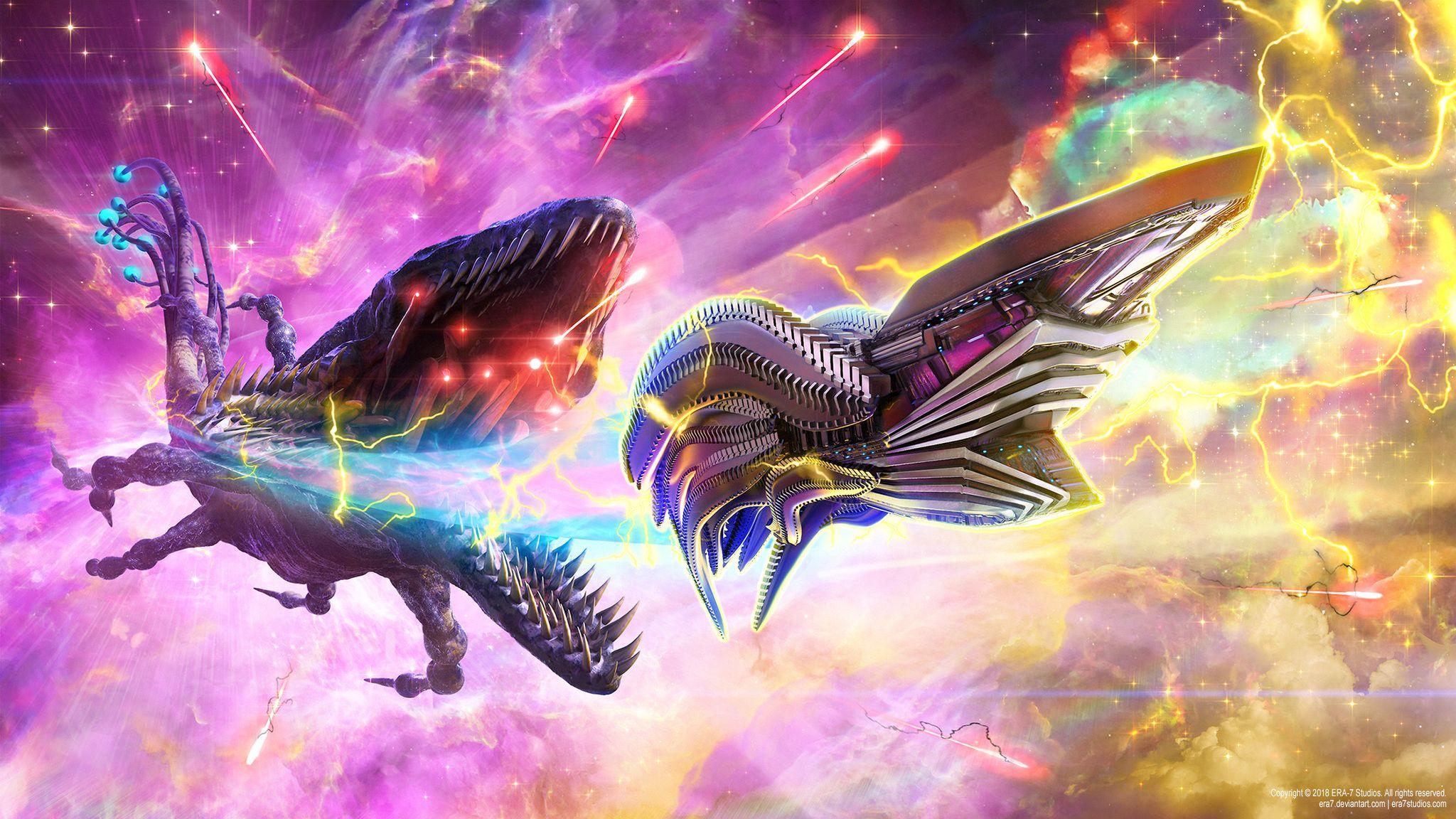 2048x1152 Gigantic Monster Chasing Futuristic Ship 2048x1152