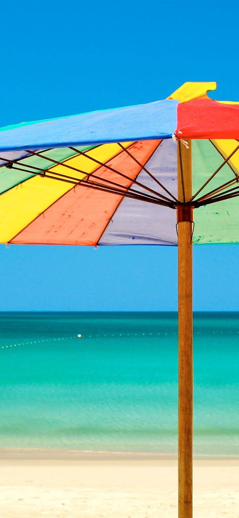 828x1792 Umbrella, Rainbow Colors, Beach, Sea 828x1792 IPhone 11 XR Wallpaper, Background, Picture, Image