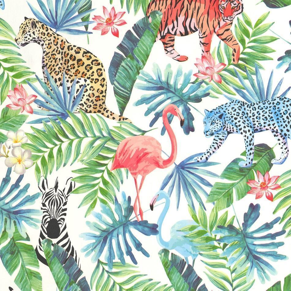 950x950 Collage White / Multi Tropical Animals Wallpaper