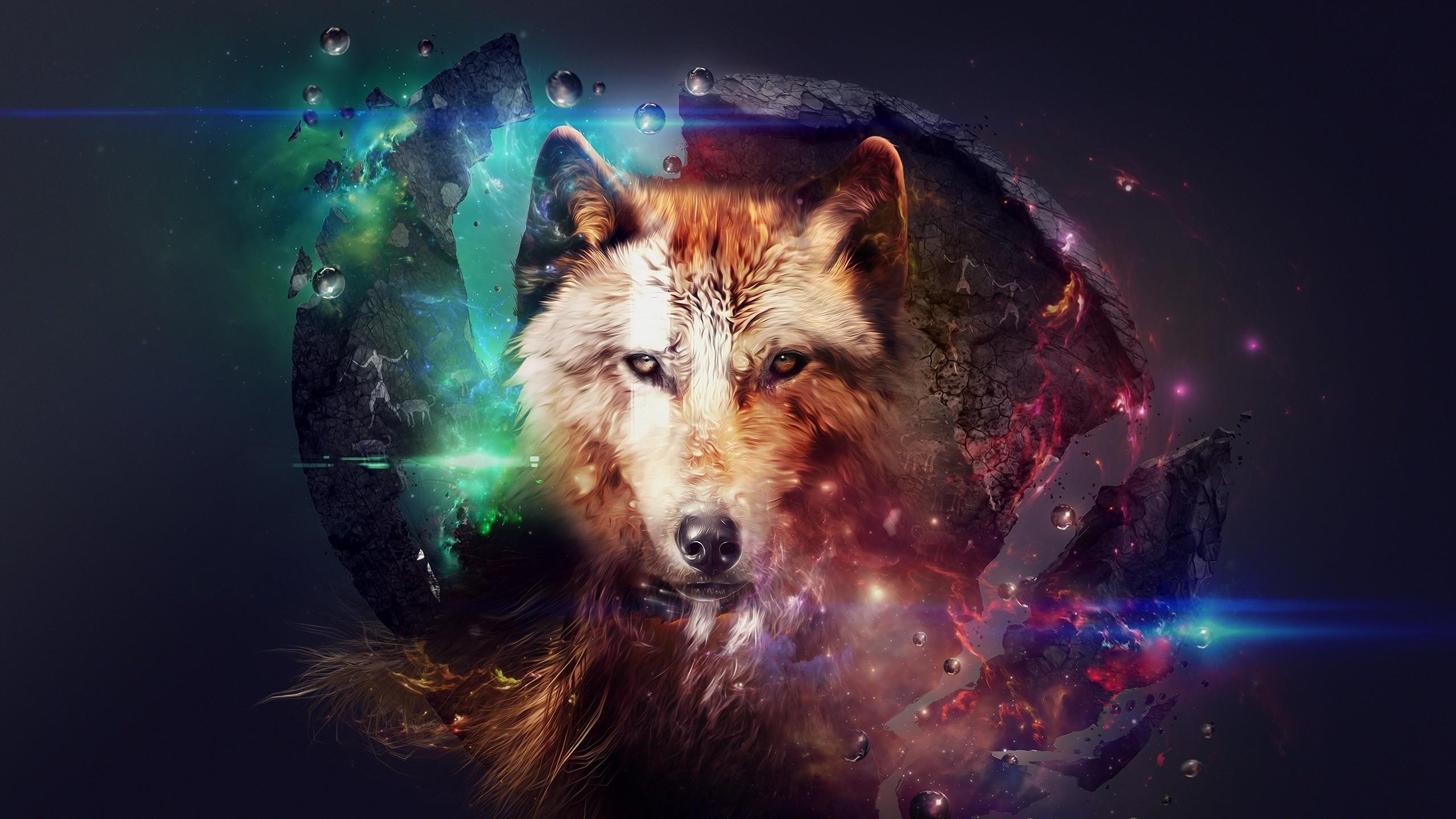 2560x1440 artwork, Wolf, Planet, Space, Fire, Stars, Fantasy Art, Science Fiction Wallpaper HD / Desktop and Mobile Background