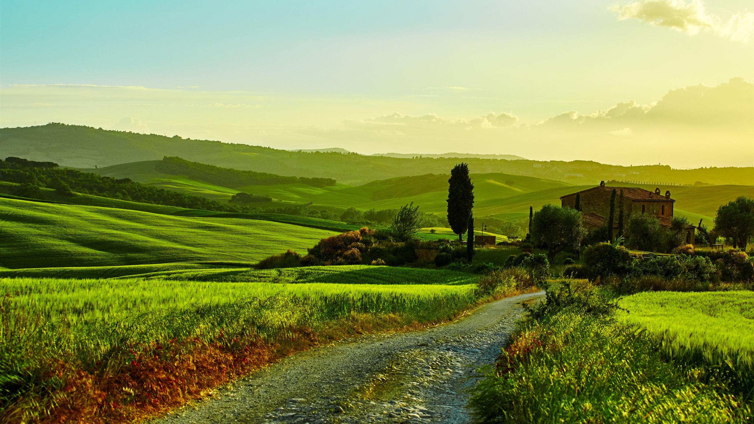 2560x1440 Wallpaper Italy, Tuscany, beautiful landscape, fields, road, grass, trees, house 2880x1800 HD Picture, Image