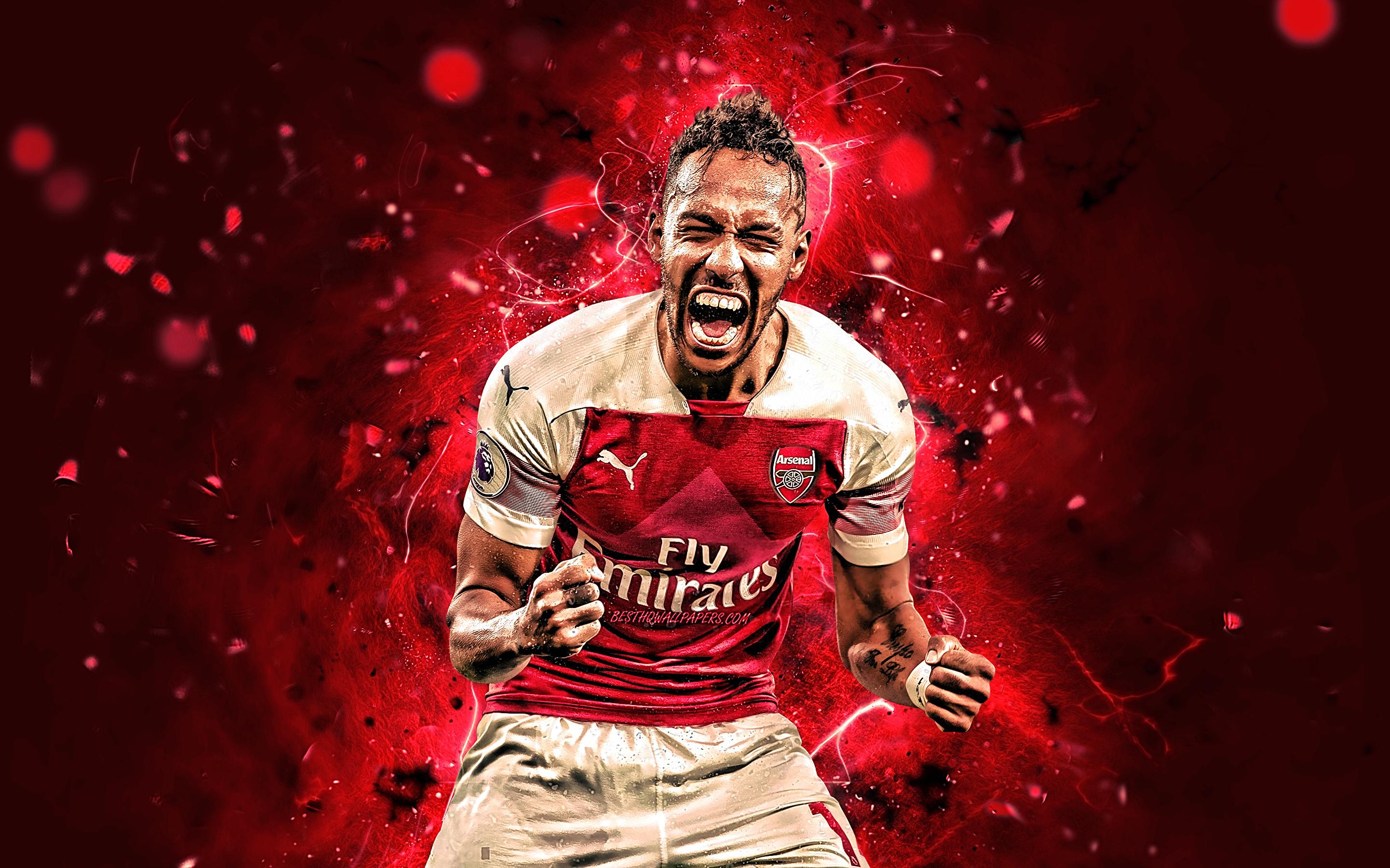 2880x1800 Download Wallpaper Pierre Emerick Aubameyang, Joy, Arsenal FC, Goal, Gabonese Footballers, Soccer, England, Aubameyang, Premier League, Footballers, The Gunners, Neon Lights For Desktop With Resolution 2880x1800. High Quality HD Picture Wallpaper