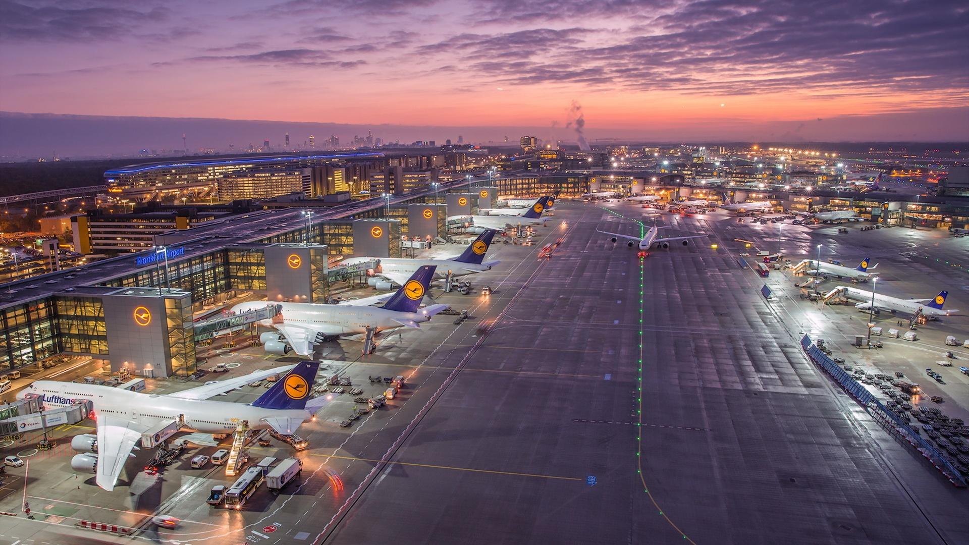 1920x1080 Wallpaper Frankfurt Airport, Germany, lights, clouds, sunset 1920x1200 HD Picture, Image