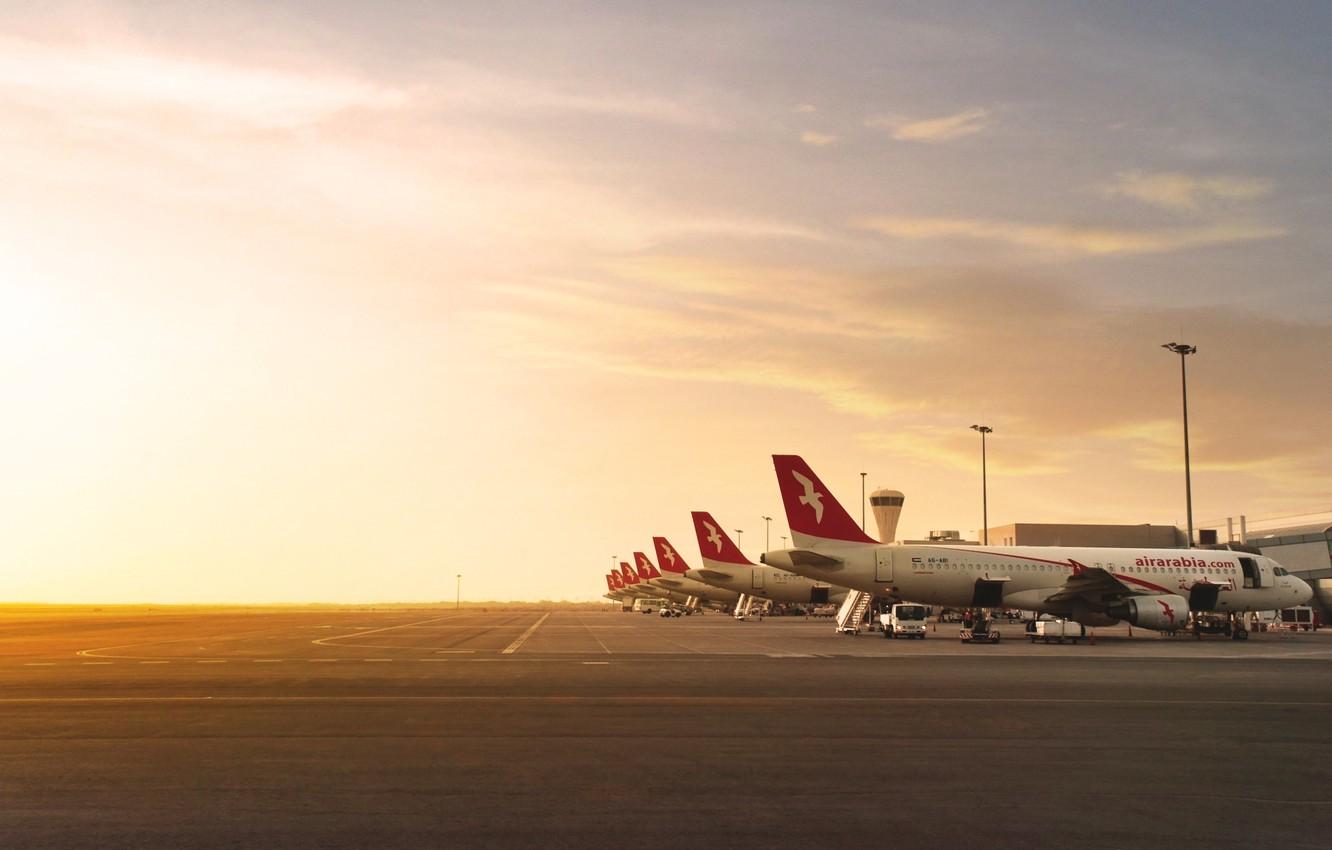 1332x850 Wallpaper Sunset, The plane, Light, Airport, Boeing, Aviation, A lot, Side view, Air Arabia image for desktop, section авиация