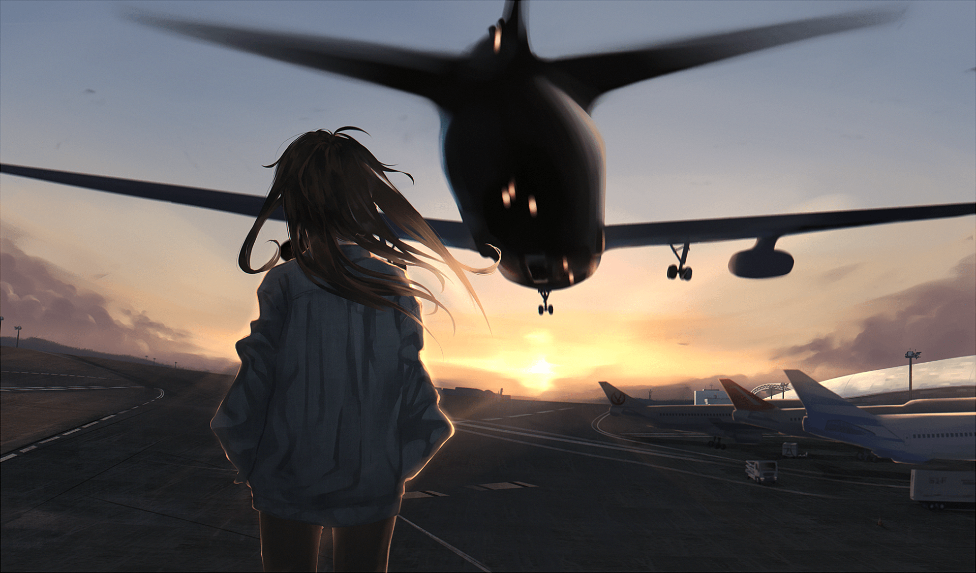 1920x1128 sunset, airport, anime girls, planes HD Wallpaper