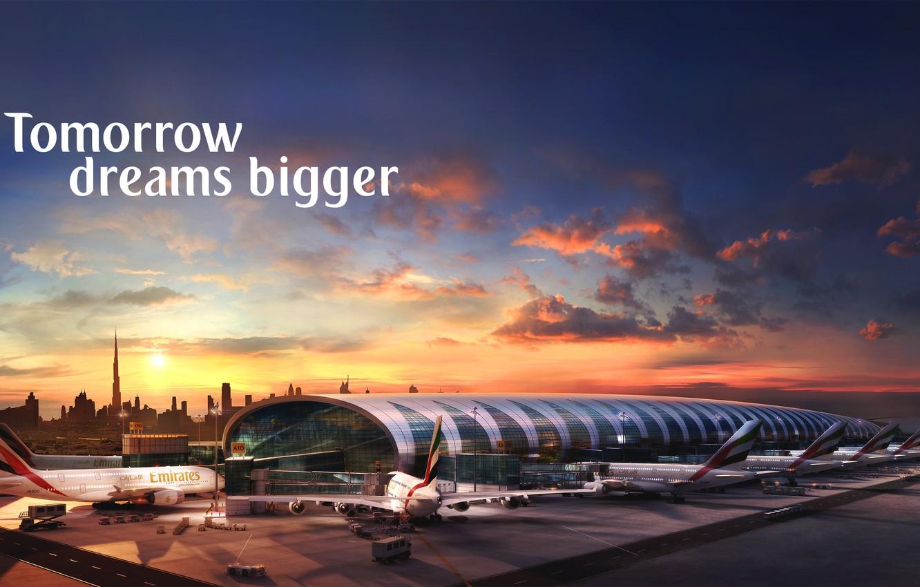 1332x850 Wallpaper Sunset, The sun, The sky, Clouds, The plane, Airport, The building, Dubai, A lot, A Passenger, Airbus, Terminal, Airliner, Emirates Airline image for desktop, section авиация