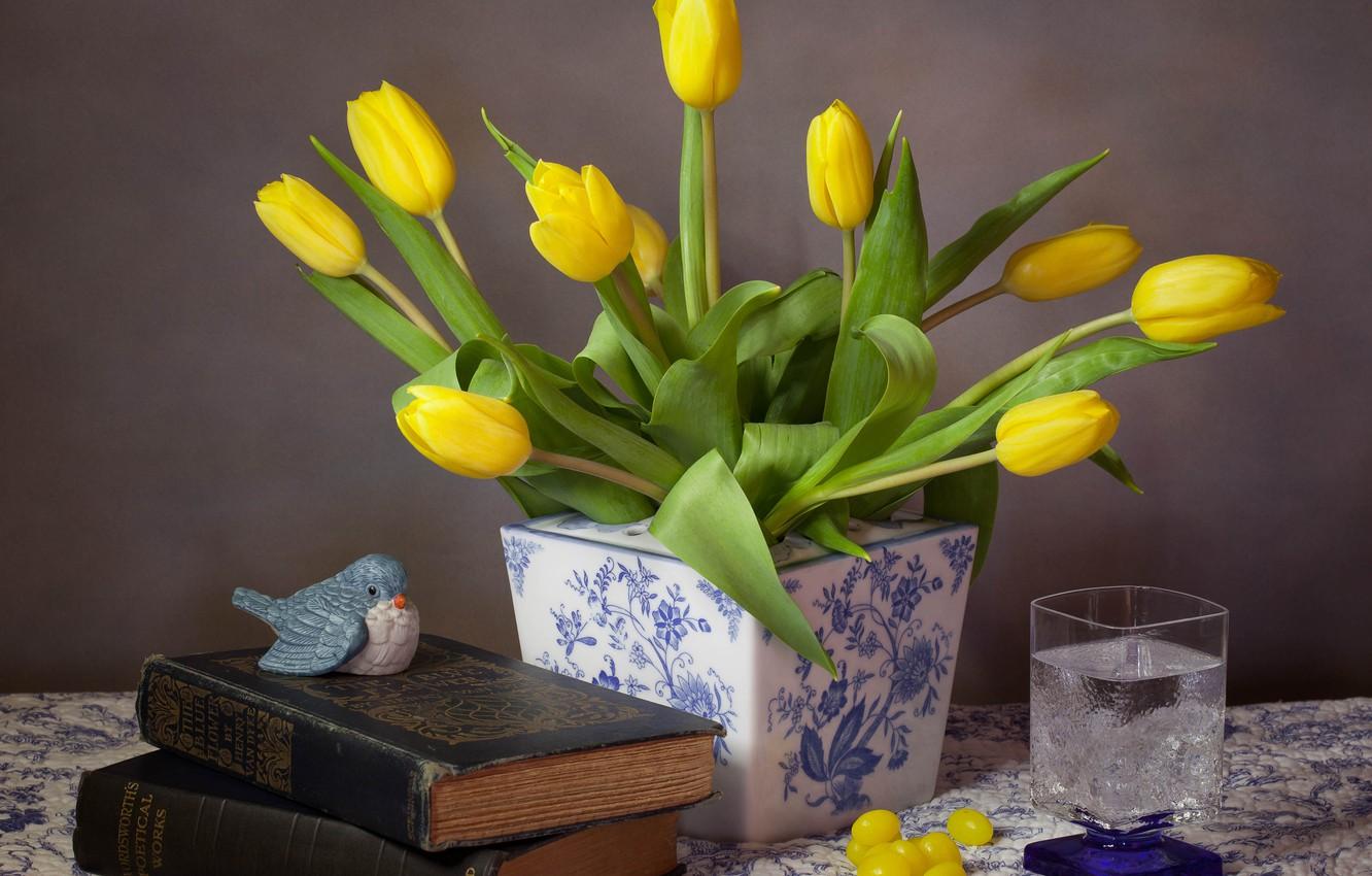 1332x850 Wallpaper flowers, glass, style, books, tulips, vase, bird, still life, buds, yellow tulips image for desktop, section стиль