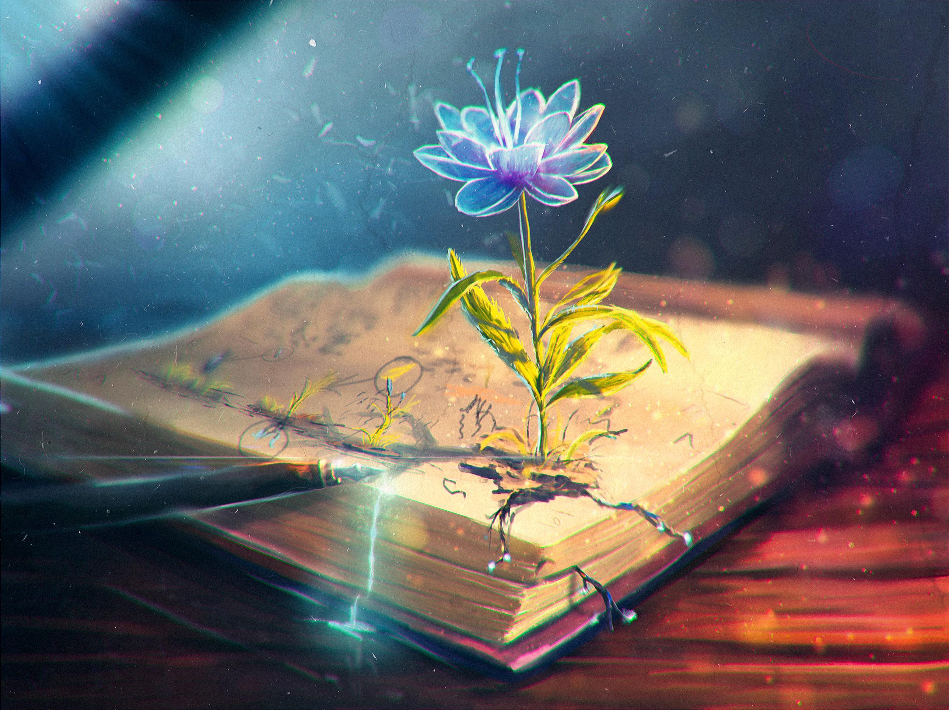 3118x2333 #glowing, #pens, #books, #blue flowers, #Sylar, #artwork, wallpaper HD Wallpaper