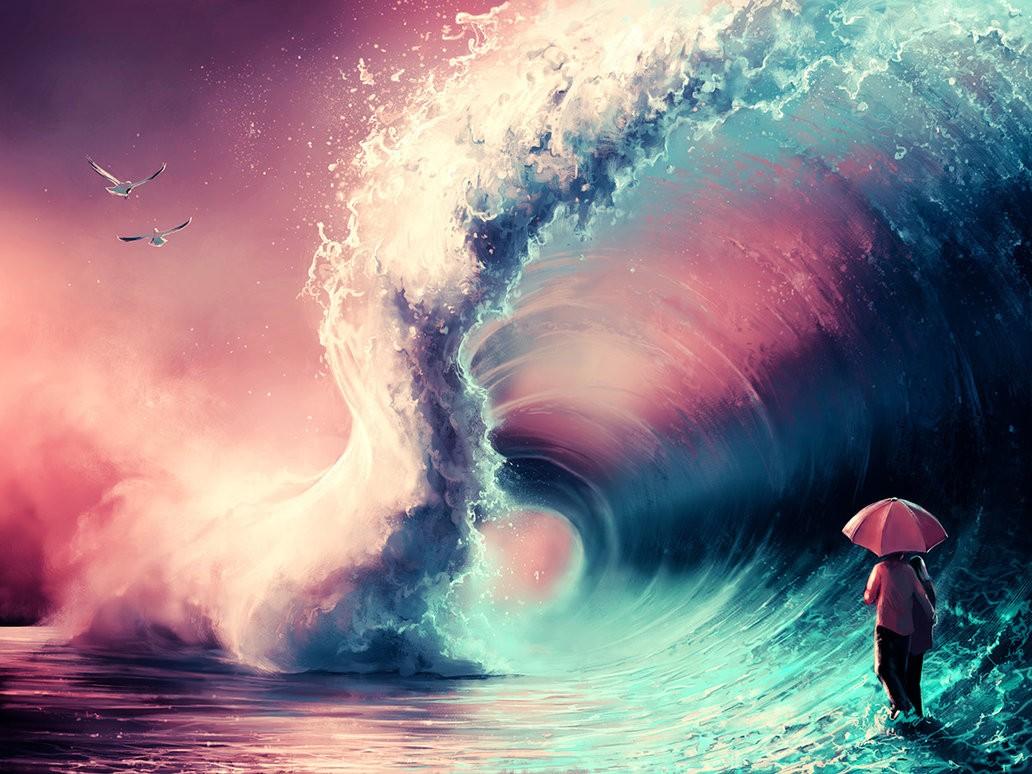 1032x774 #umbrella, #waves, #seagulls, #sea, #artwork, #drawing, #pink, #fantasy art, #blue, #AquaSixio, wallpaper HD Wallpaper