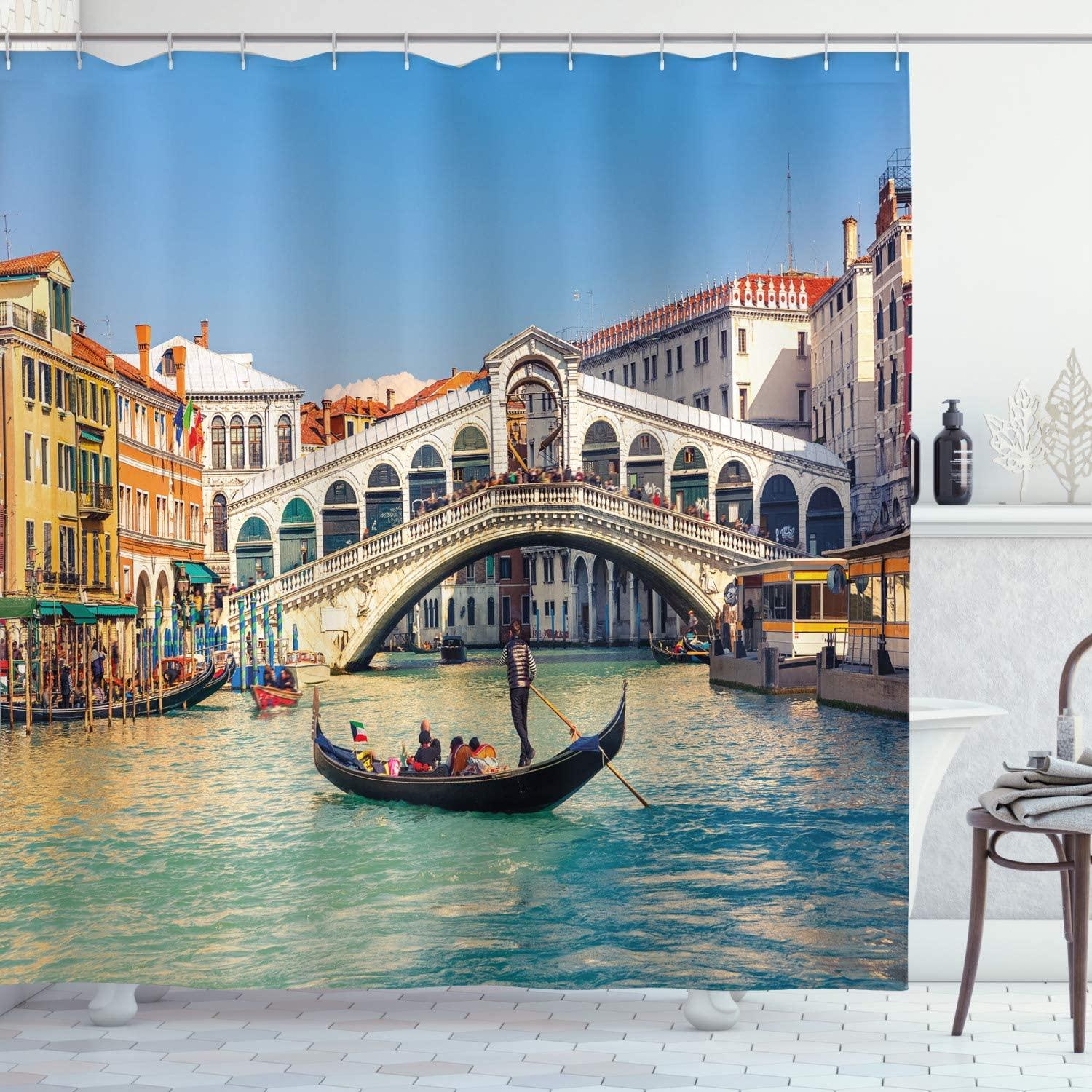 1500x1500 Ambesonne Venice Shower Curtain, Cityscape on a Sunny Day with Rialto Bridge Venetian Grand Canal Destination, Cloth Fabric Bathroom Decor Set with Hooks, 70 Long, Blue White : Home & Kitchen