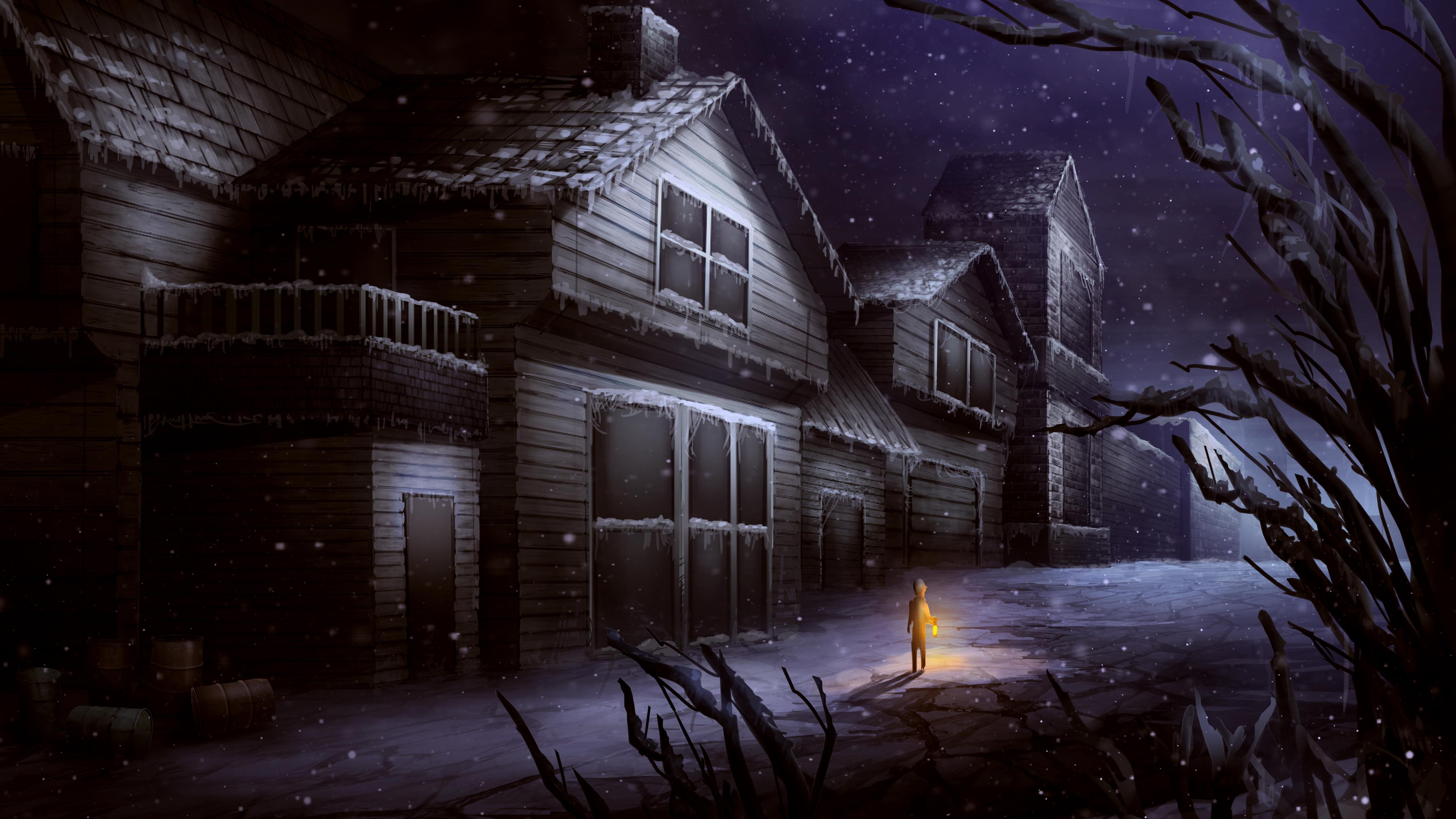 5000x2812 Little Boy Alone on Winter Night 4k Ultra HD Wallpaper