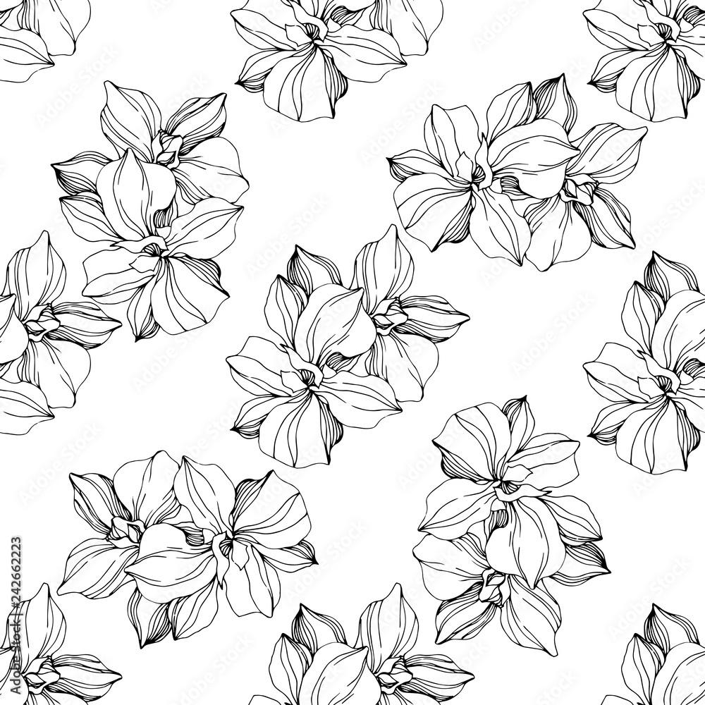 1000x1000 Vector Orchid flower. Black and white ngraved ink art. Seamless background pattern. Fabric wallpaper print texture. Stock Vector