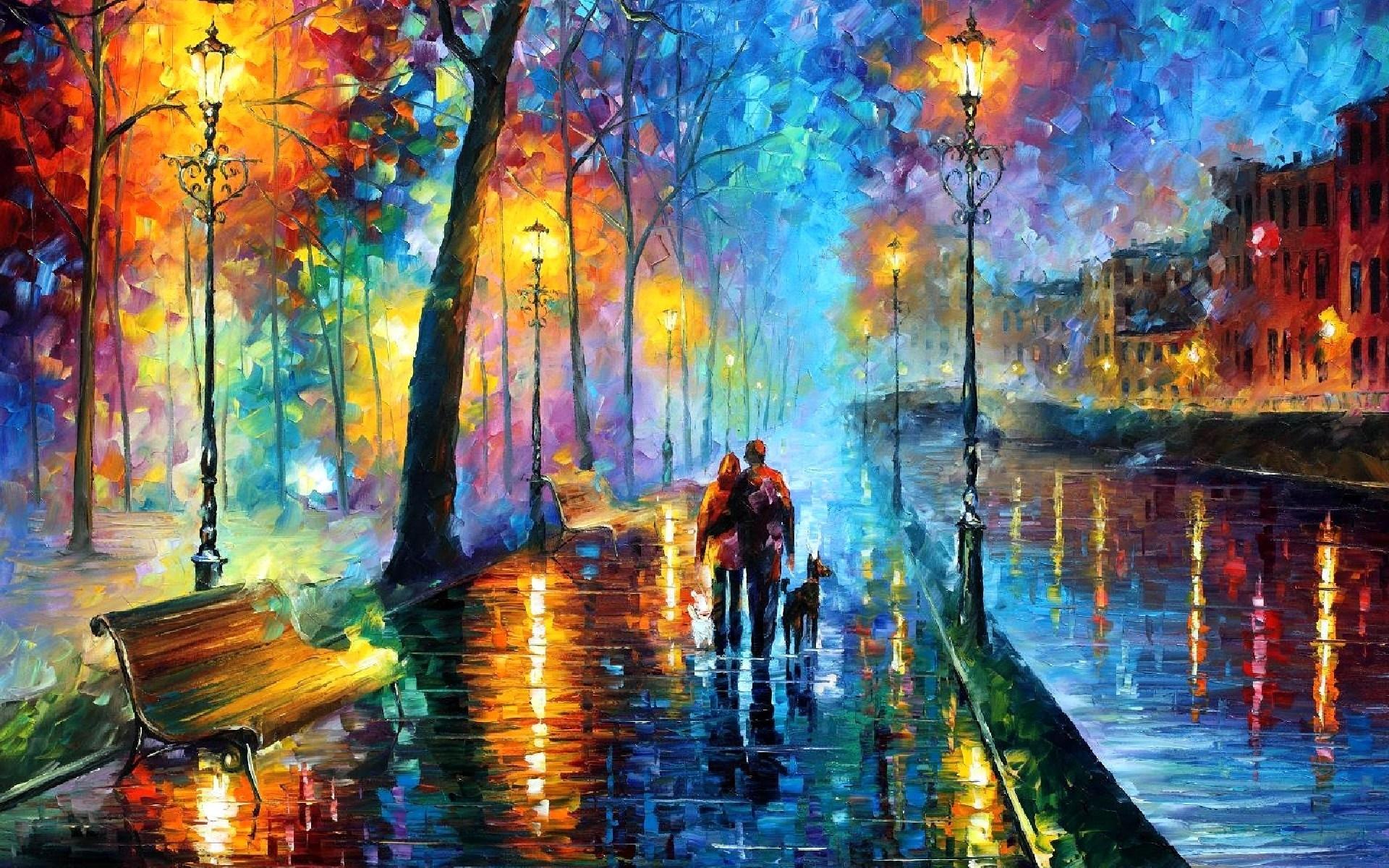 1920x1200 painting, reflection, bench, Leonid Afremov, ART, computer wallpaper, modern art, acrylic paint, impressionist HD Wallpaper