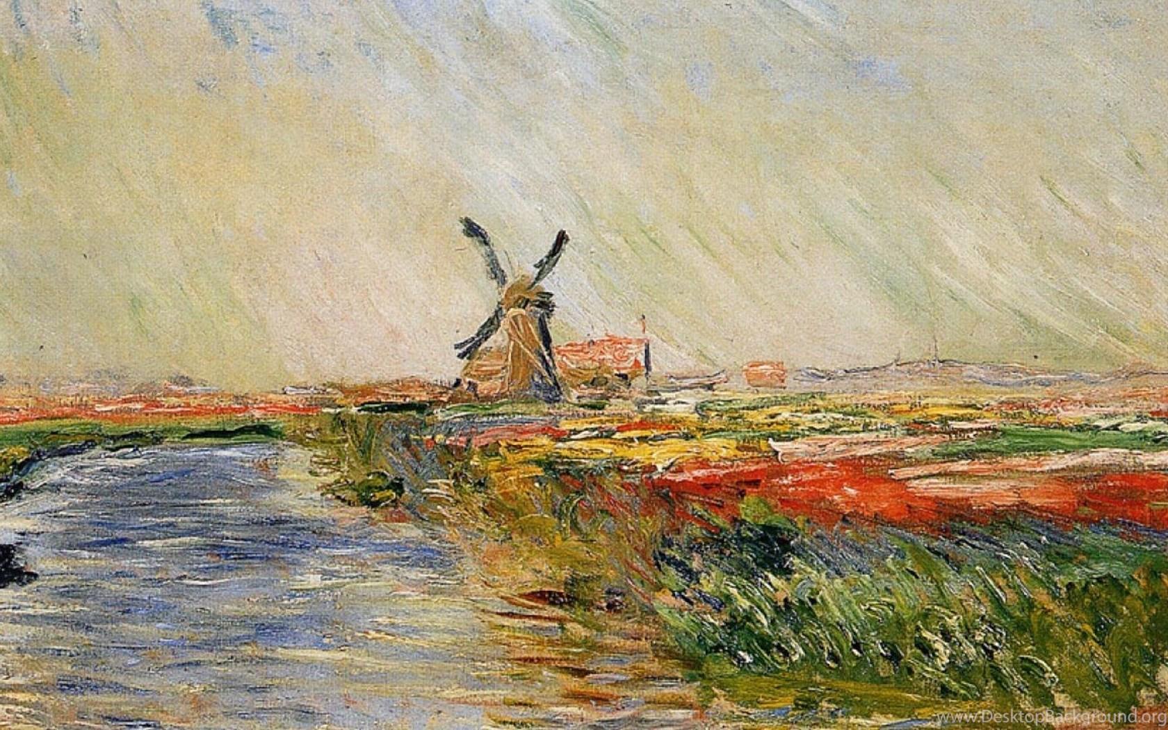 1680x1050 Paintings Windmills Rivers Claude Monet Impressionism Wallpaper. Desktop Background