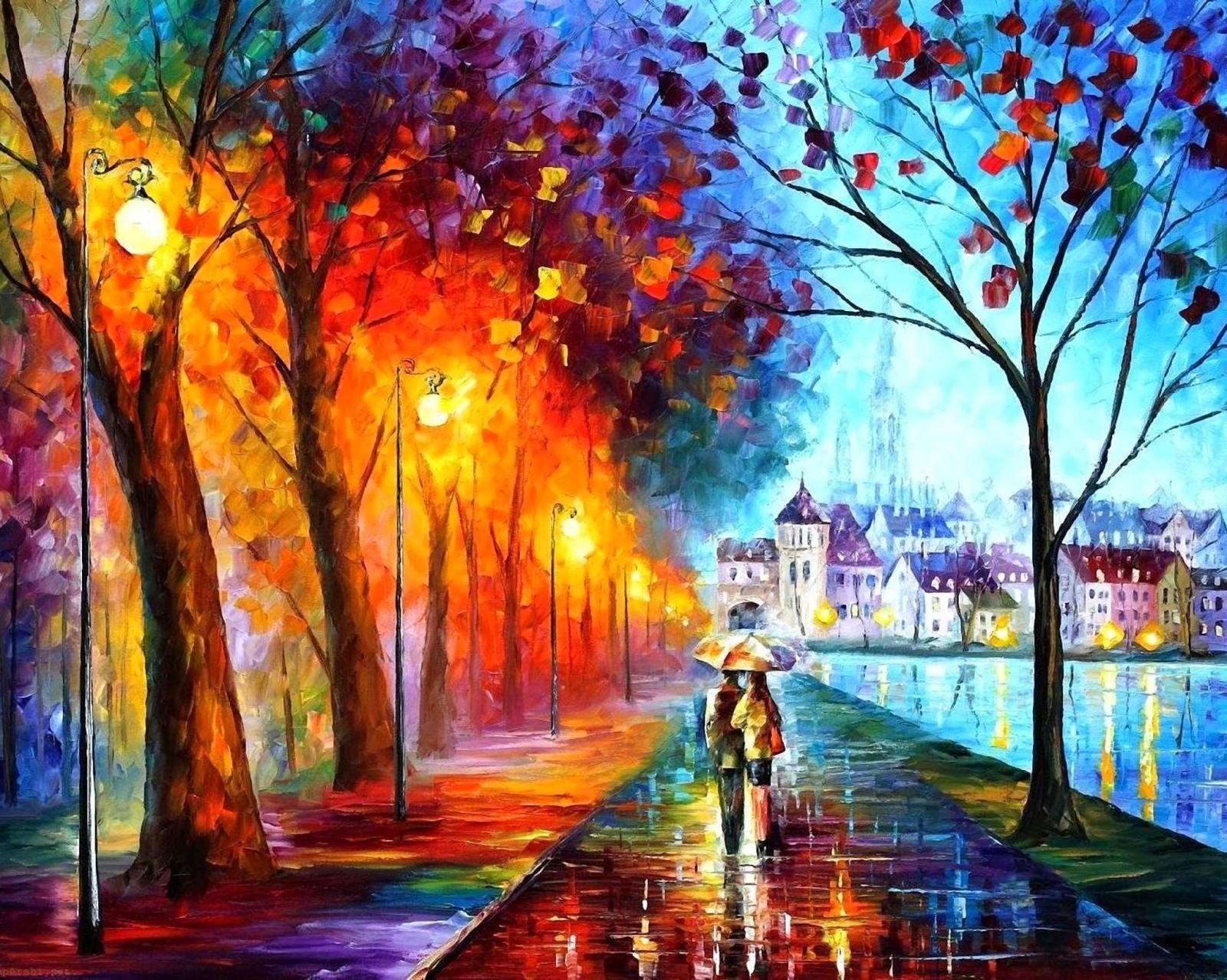 1600x1279 sunlight, painting, forest, street light, park, artwork, bench, couple, Leonid Afremov, ART, tree, autumn, computer wallpaper, modern art, psychedelic art, acrylic paint, impressionist High quality walls