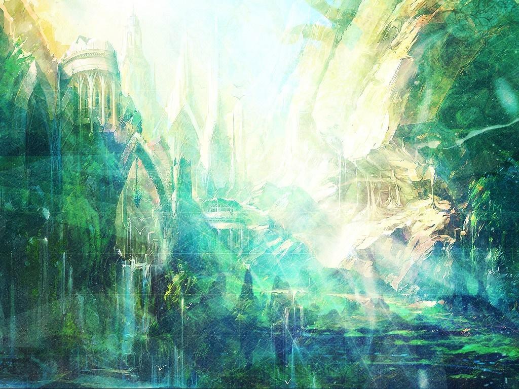 1024x768 sunlight, painting, forest, digital art, reflection, mist, jungle, atmospheric phenomenon, computer wallpaper, impressionist. Mocah HD Wallpaper
