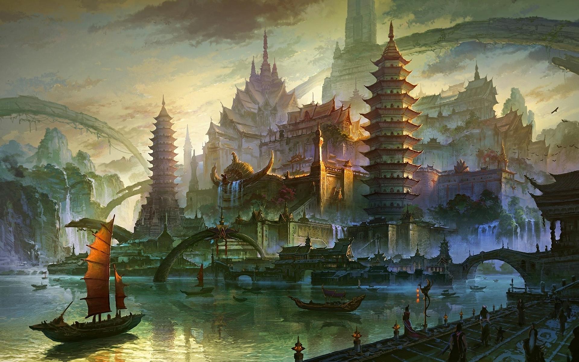 1920x1200 Fantasy Cities Asian Oriental Architecture Cg Paintings Digital Art Wallpaperx1200