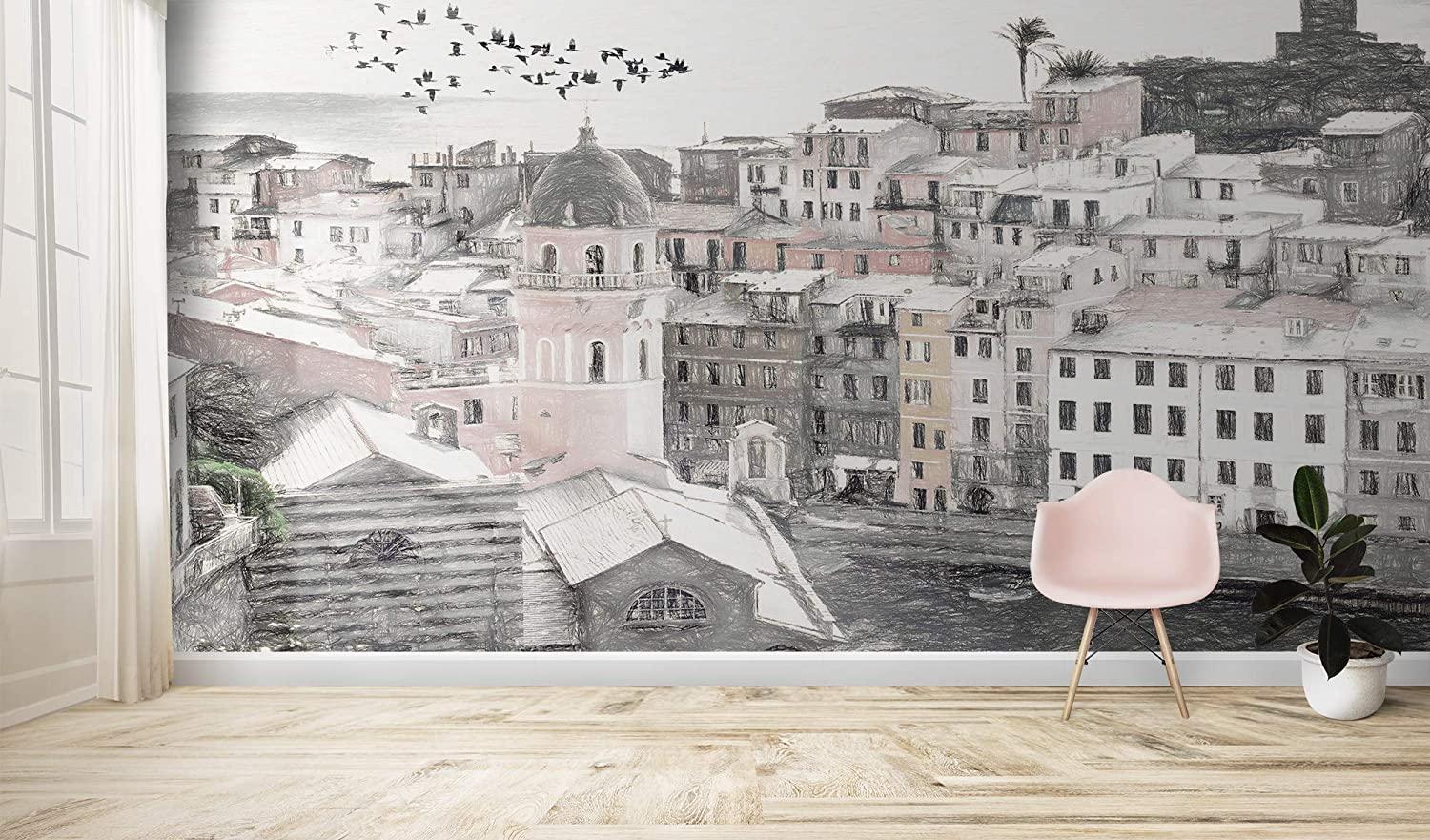 1500x881 Murwall Cityscape Architecture Wallpaper Charcoal City Wall Mural Drawing Art Wall Decor Living Room Cafe Decor Architectural Office Wall Design : Handmade Products