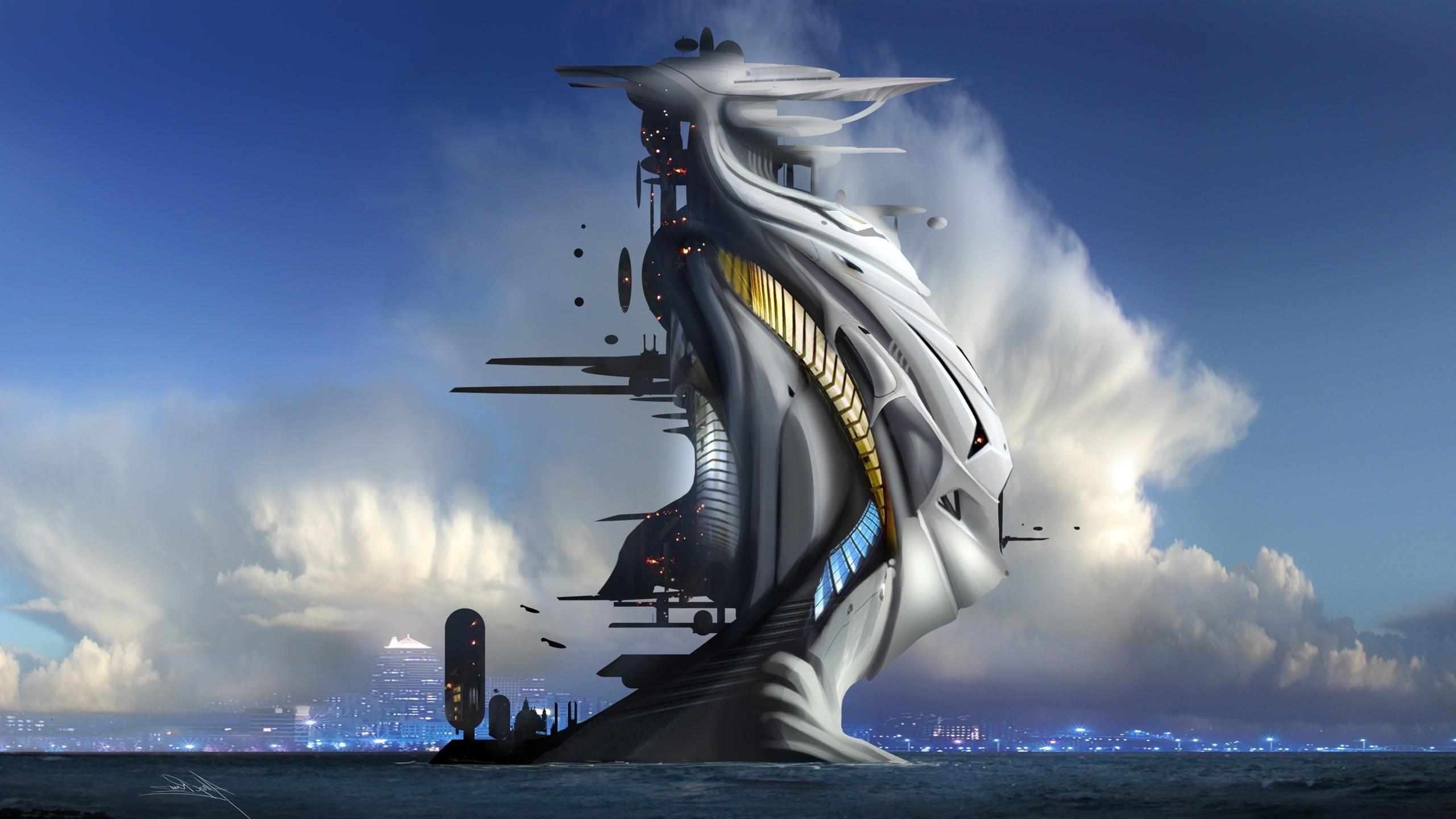 2560x1440 artwork fantasy art digital art clouds water sea futuristic architecture cityscape lights signatures horizon wallpaper
