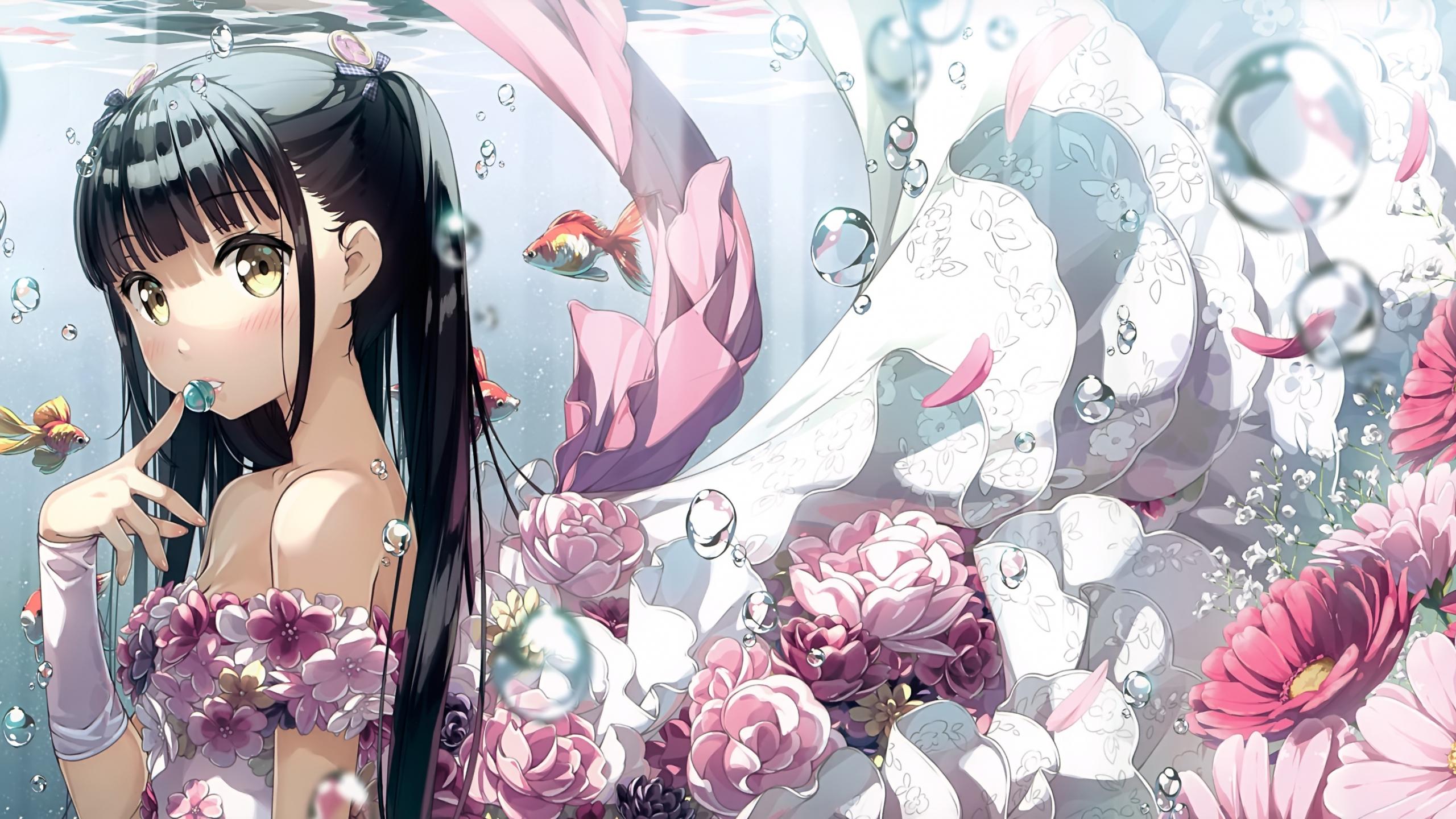 2560x1440 Desktop Wallpaper Underwater, Flowers, Anime Girl, Original, 4k, HD Image, Picture, Background, 863a02