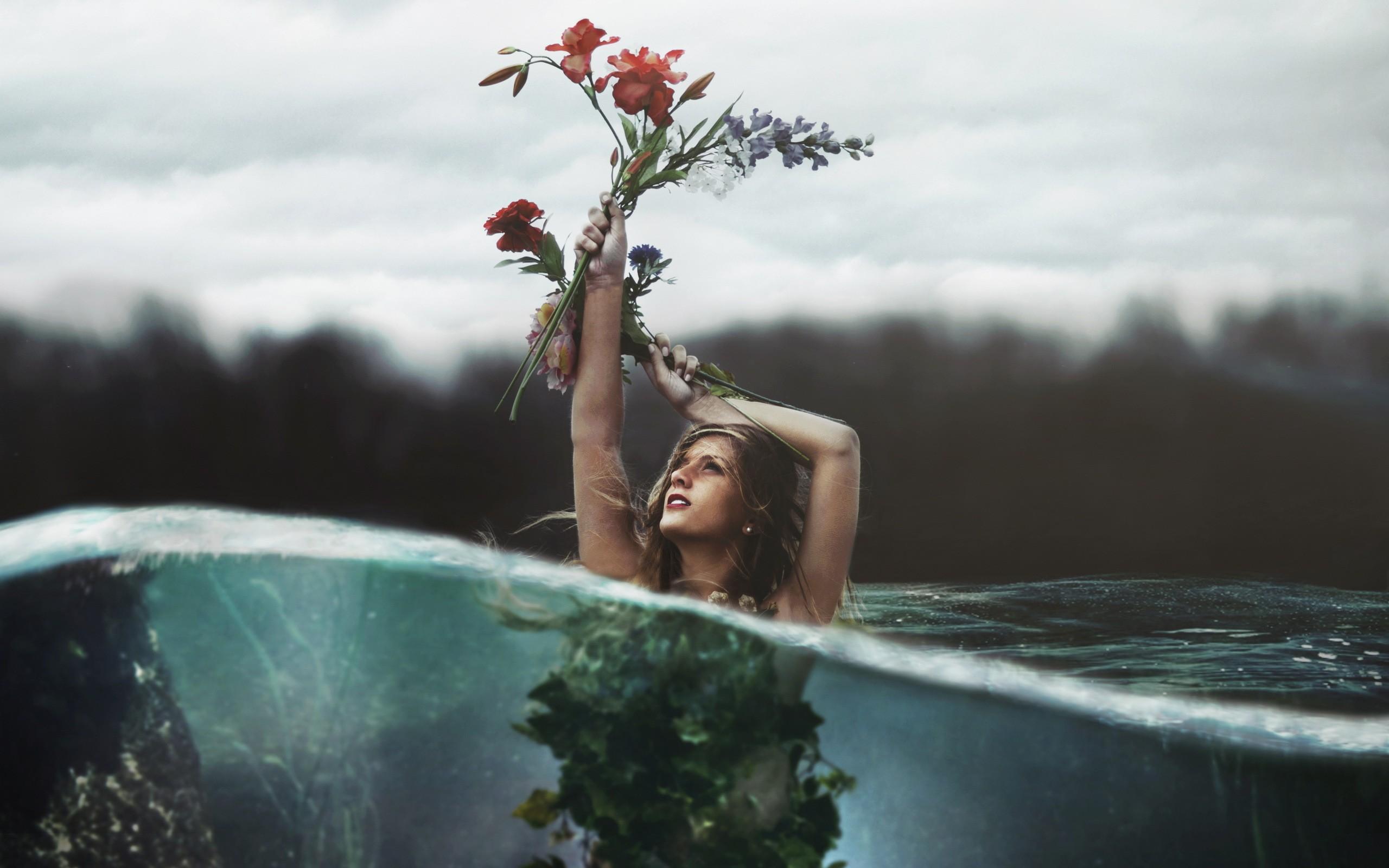 2560x1600 #women, #boobs, #fantasy girl, #water, #flowers, #rose, #split view, #underwater, wallpaper HD Wallpaper