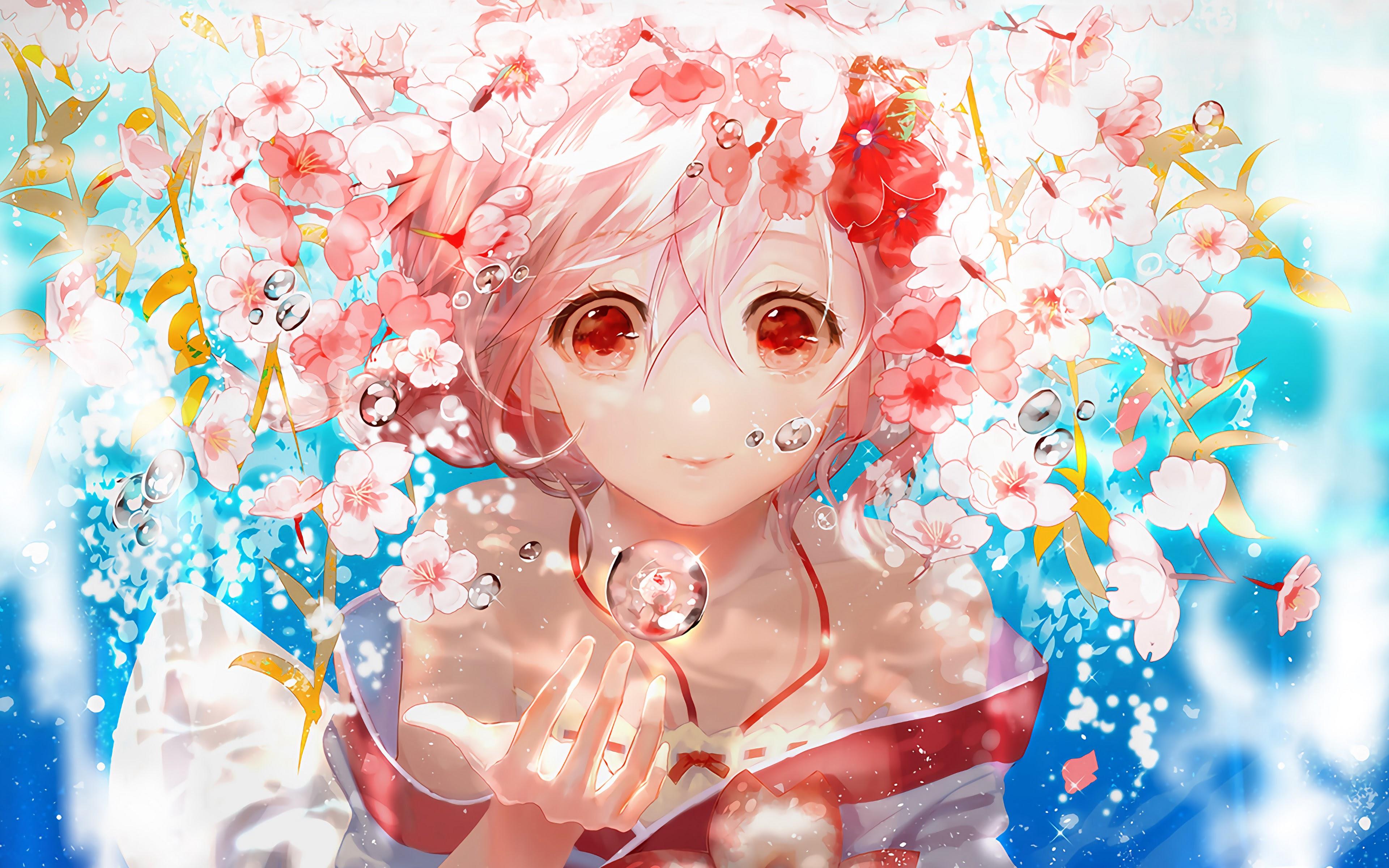 3840x2400 Anime Girl Flowers Underwater 4K Wallpaper