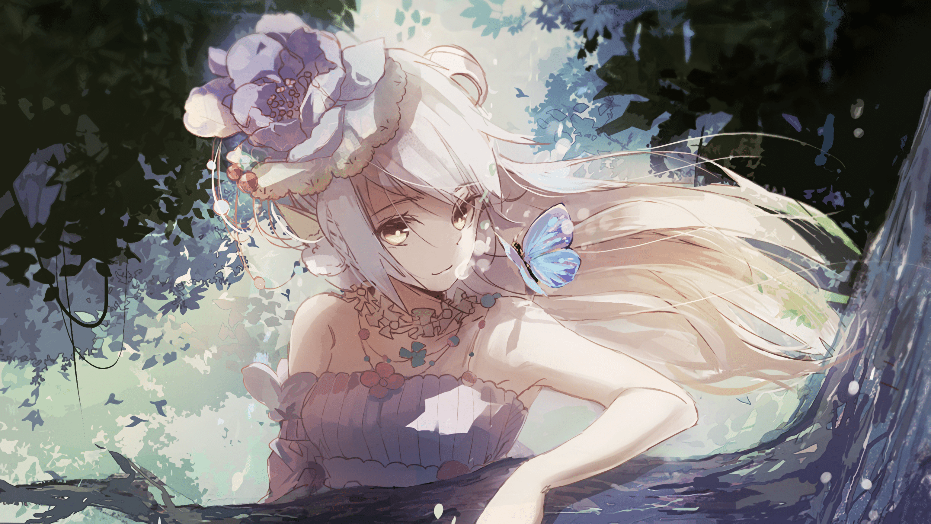 3084x1736 Underwater, Flower, Girl, Dress, Butterfly wallpaper