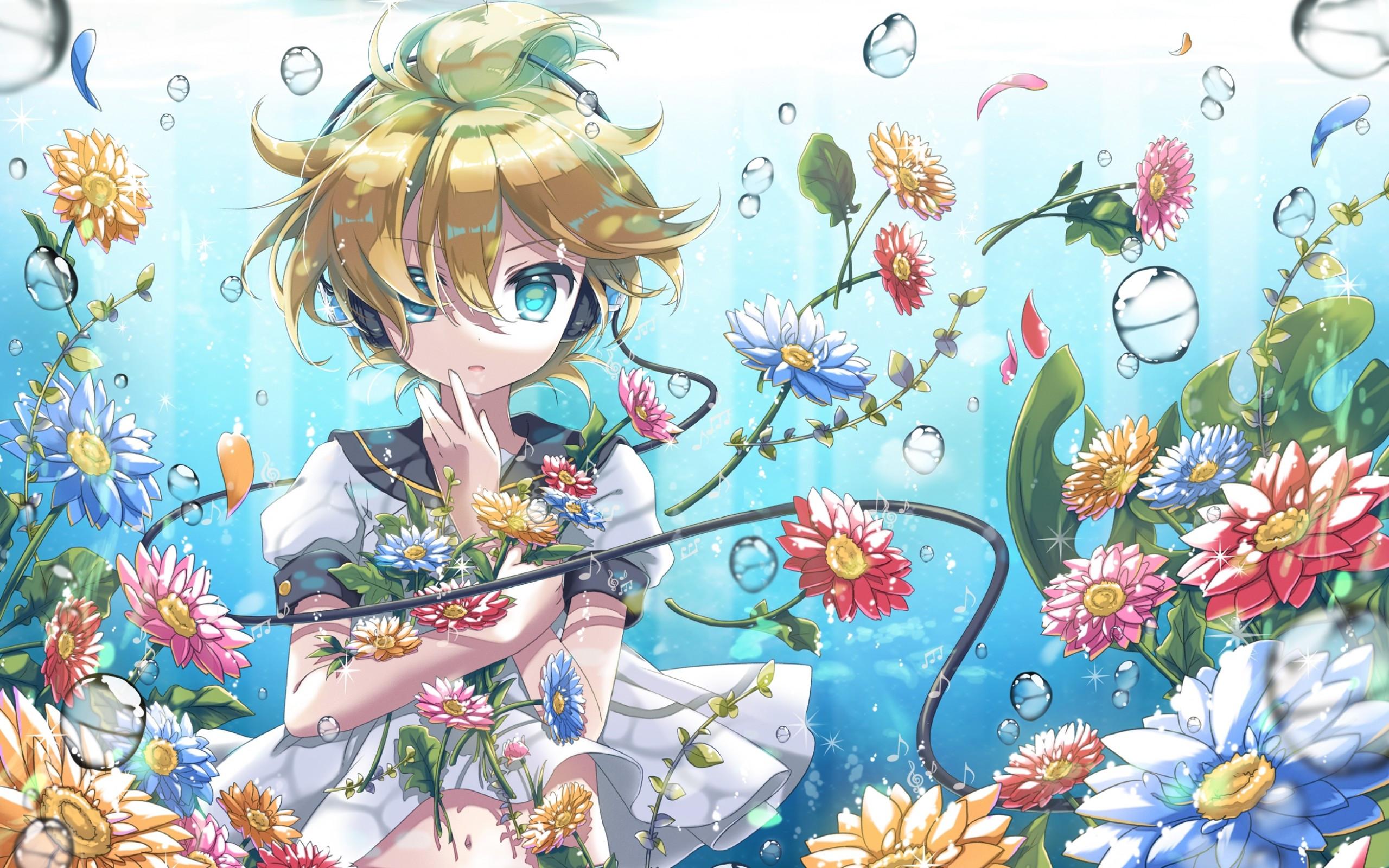 2560x1600 Download 2560x1600 Kagamine Len, Underwater, Flowers, Vocaloid, Headphones, Blonde Wallpaper for MacBook Pro 13 inch