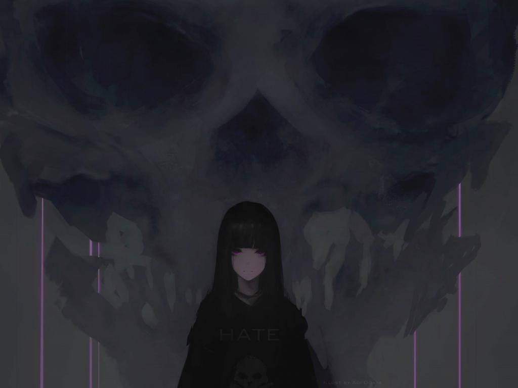 1024x768 Wallpaper anime girl, purple eyes, dark, skull desktop wallpaper, HD image, picture, background, b59bef