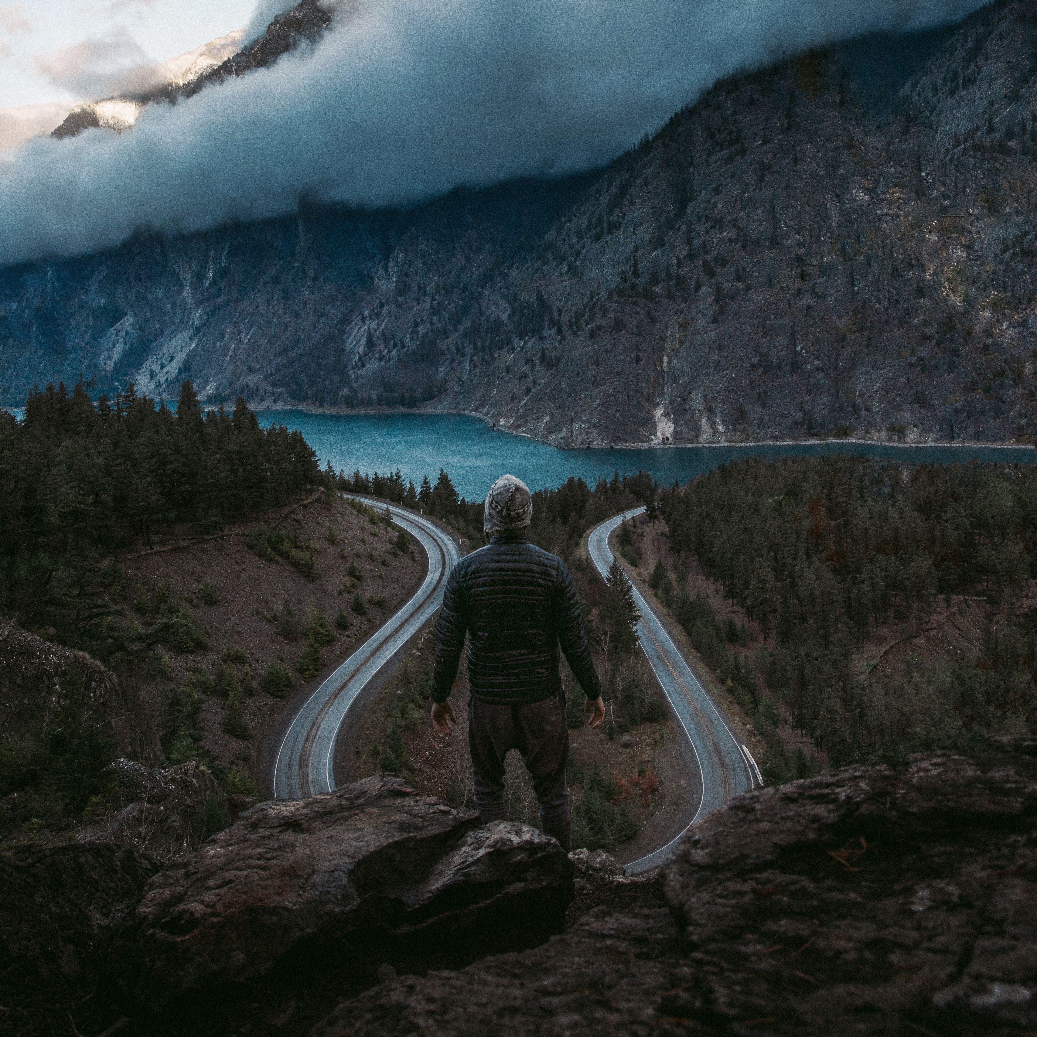 3415x3415 Download wallpaper 3415x3415 man, mountains, lake, river, tourist, travel ipad pro 12.9 retina for parallax HD background
