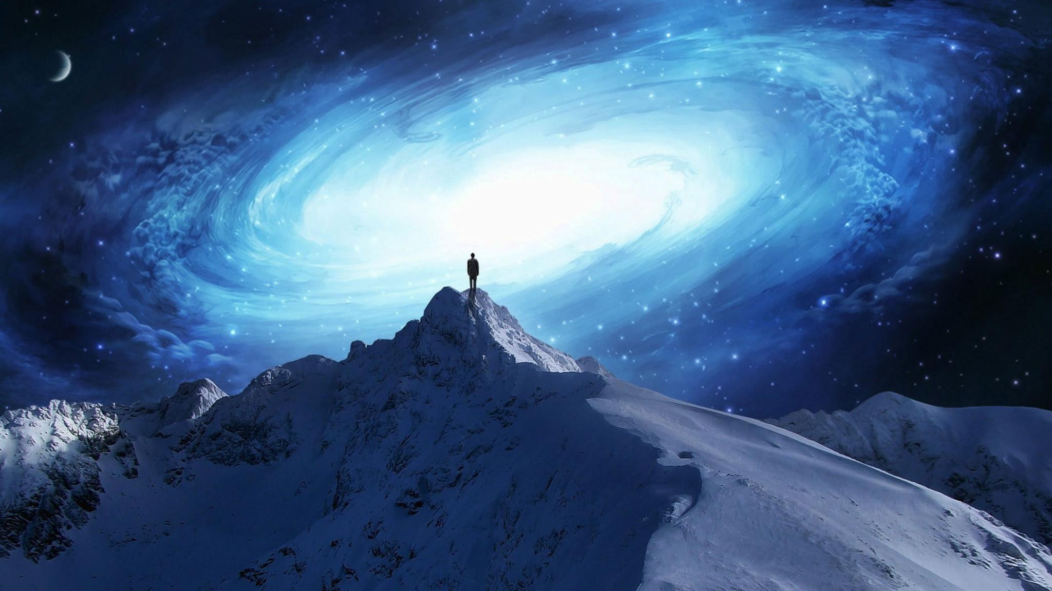 2048x1152 Snow mountain wallpaper, artwork, fantasy art, mountains, galaxy, men, concept art • Wallpaper For You HD Wallpaper For Desktop & Mobile