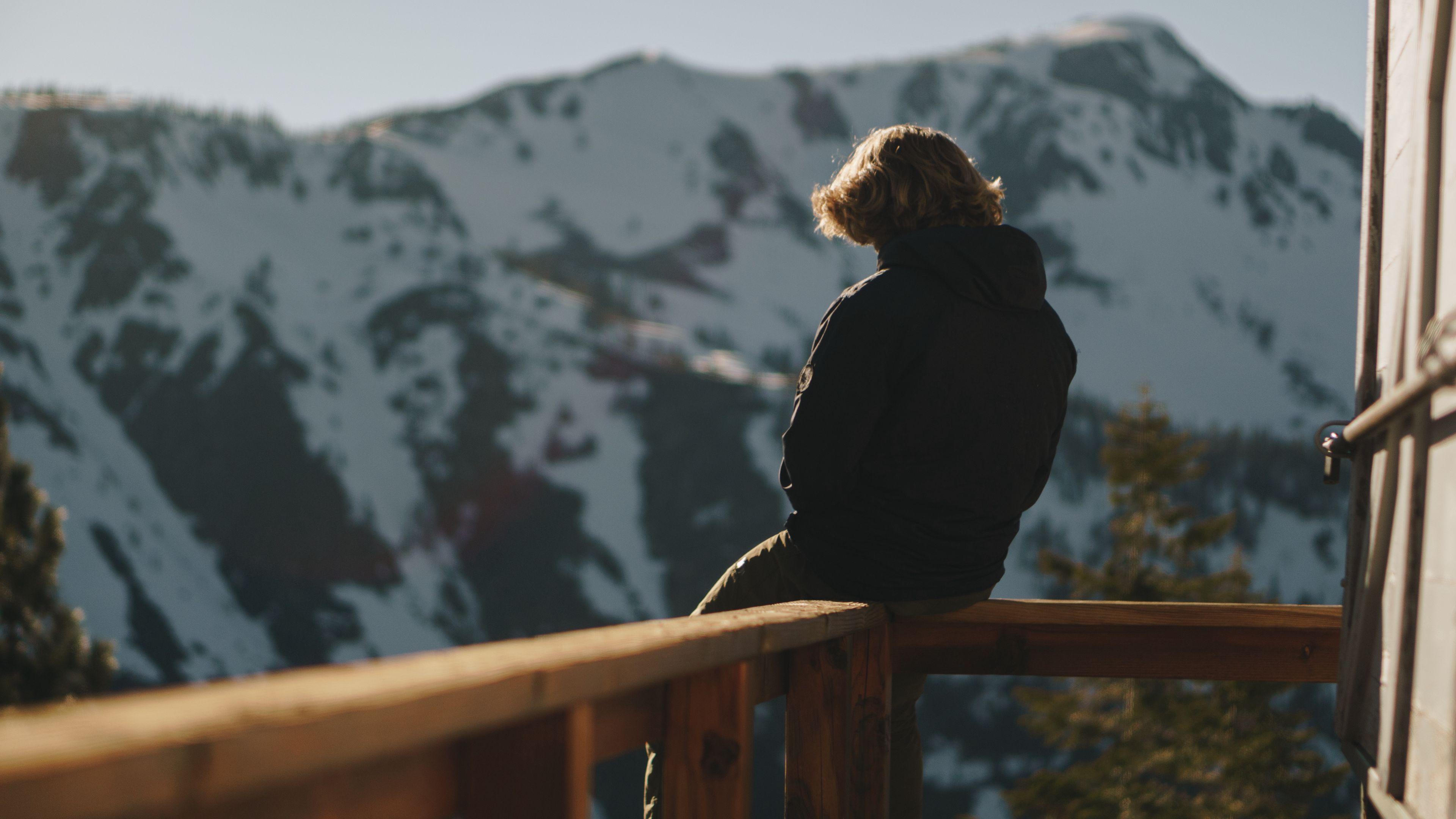 3840x2160 Wallpaper Man, Alone, Sad, Mountains, Nature Sitting On Balcony HD Wallpaper