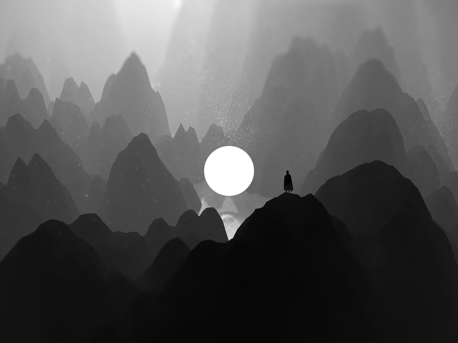 1600x1200 Black And White Moon Man Standing On Mountain Artwork 1600x1200 Resolution HD 4k Wallpaper, Image, Background, Photo and Picture