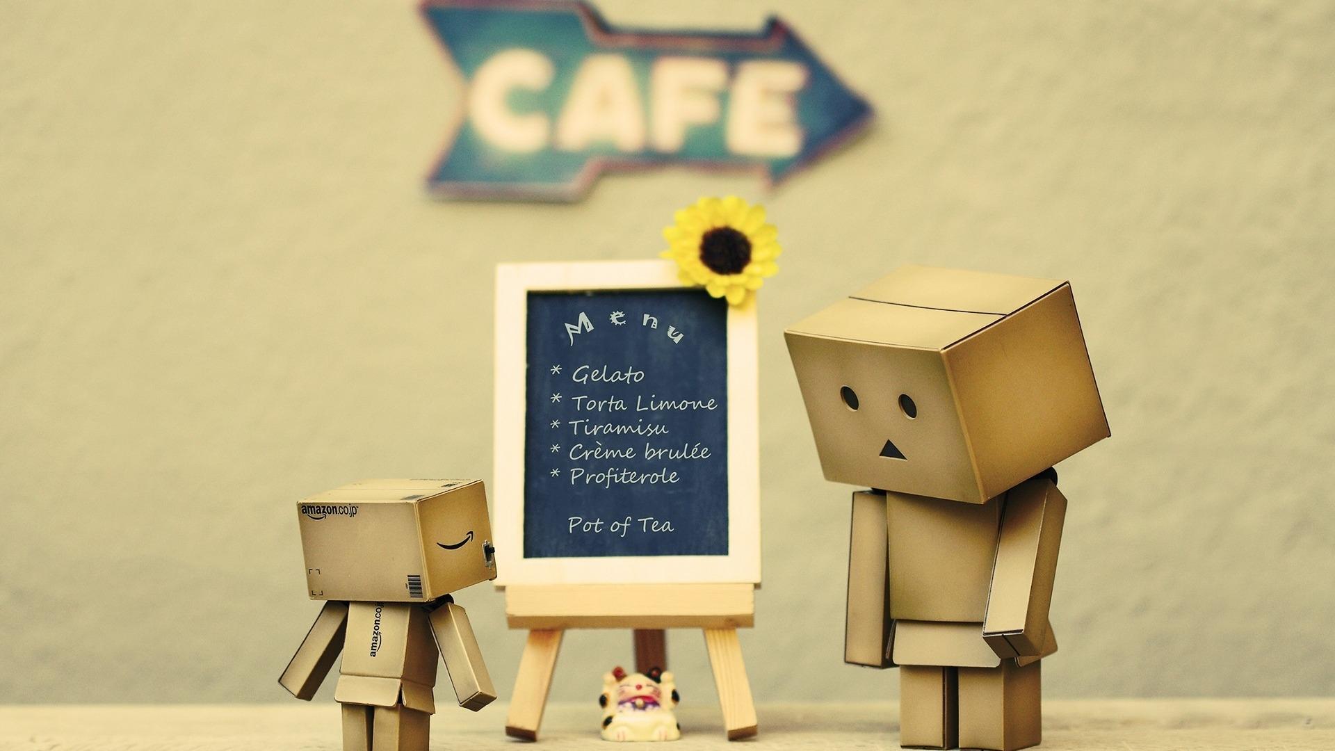 1920x1080 Cafes Mood Danboard Boxes Robot Photo HD Wallpaper