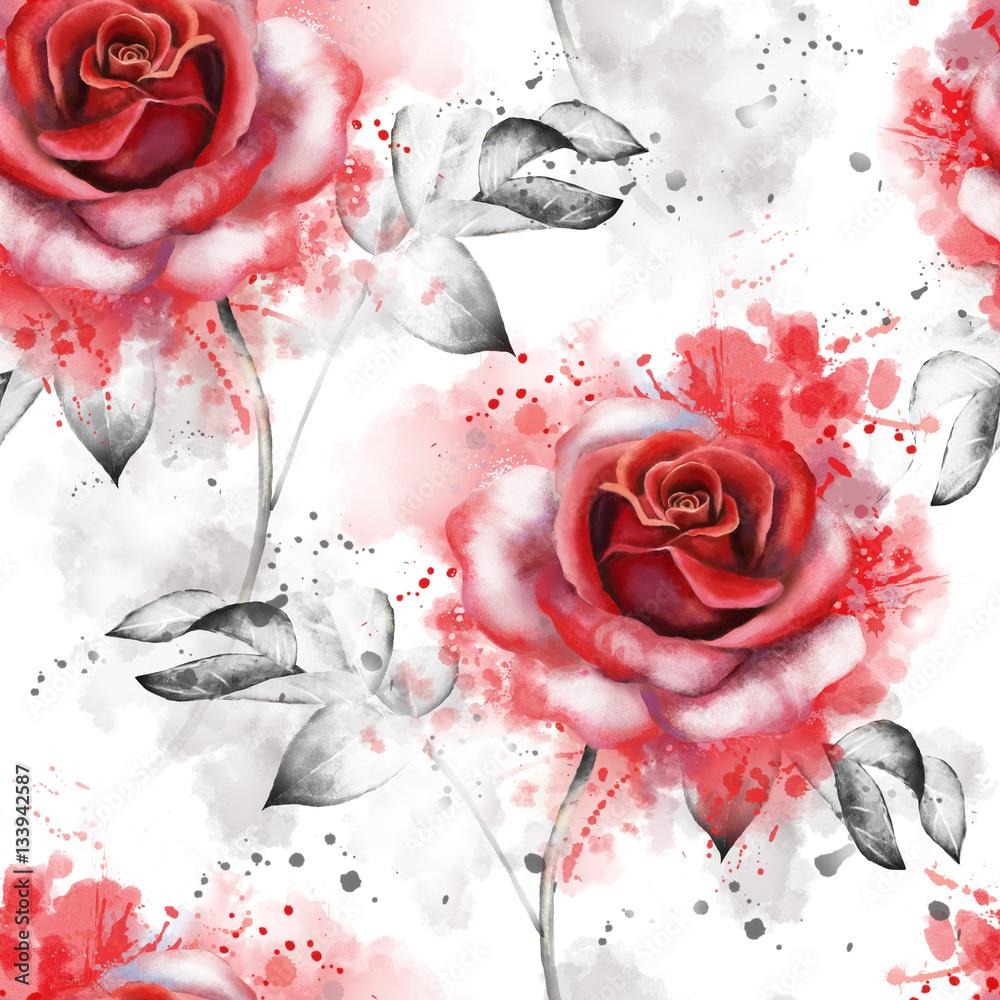 1000x1000 Seamless pattern with red flowers and leaves on white background, watercolor floral pattern, rose in pastel color for wallpaper, card or fabric. textile design. Splash paint Stock Illustration